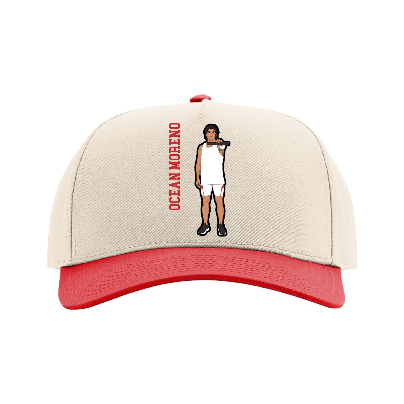 Full Fabric Five-Panel Champ Cap — Name Vertical in Cream/Red