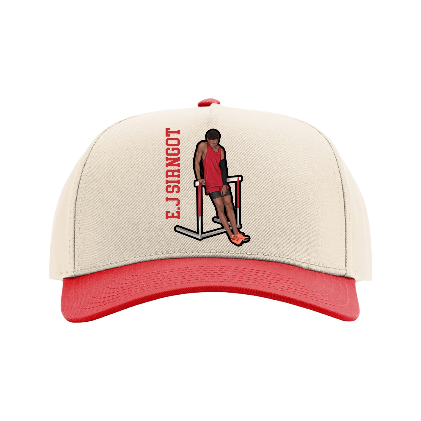 Full Fabric Five-Panel Champ Cap — Name Vertical in Cream/Red