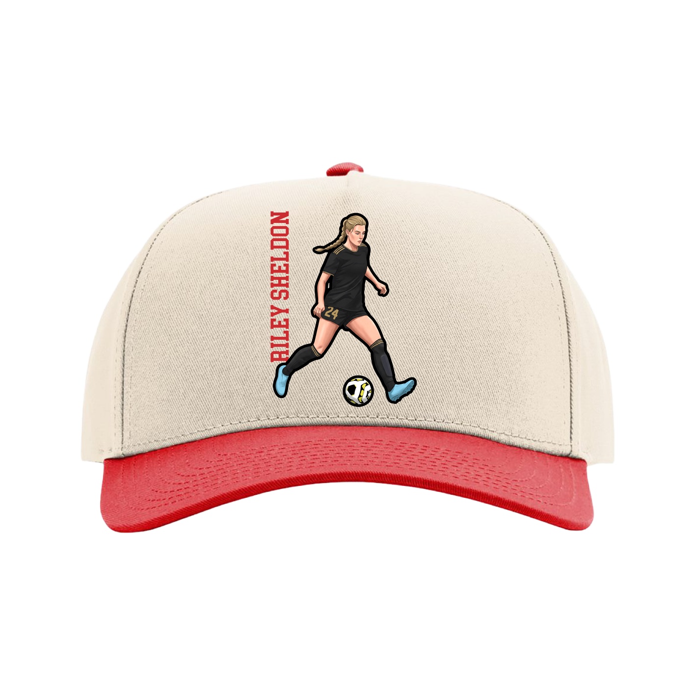 Full Fabric Five-Panel Champ Cap — Name Vertical in Cream/Red