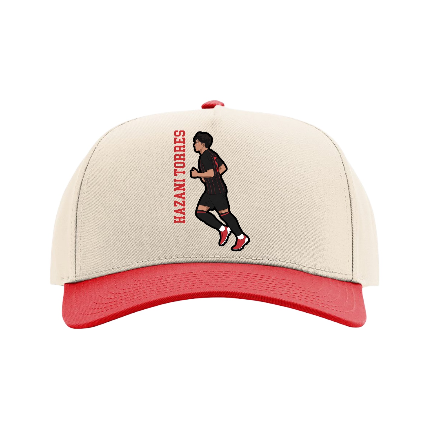 Full Fabric Five-Panel Champ Cap — Name Vertical in Cream/Red