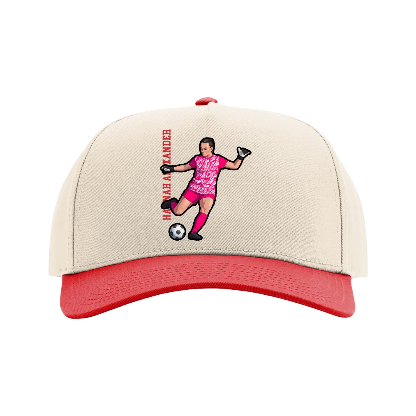 Full Fabric Five-Panel Champ Cap — Name Vertical in Cream/Red