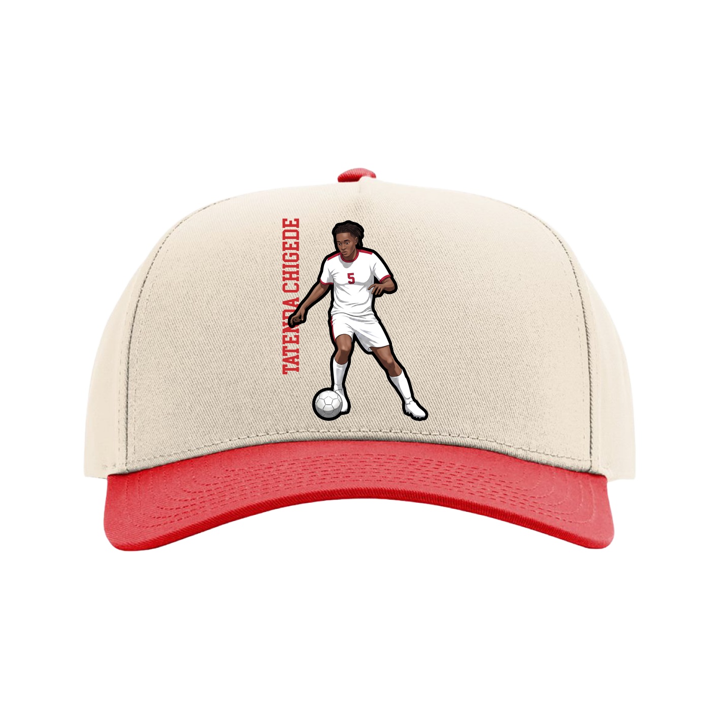 Full Fabric Five-Panel Champ Cap — Name Vertical in Cream/Red