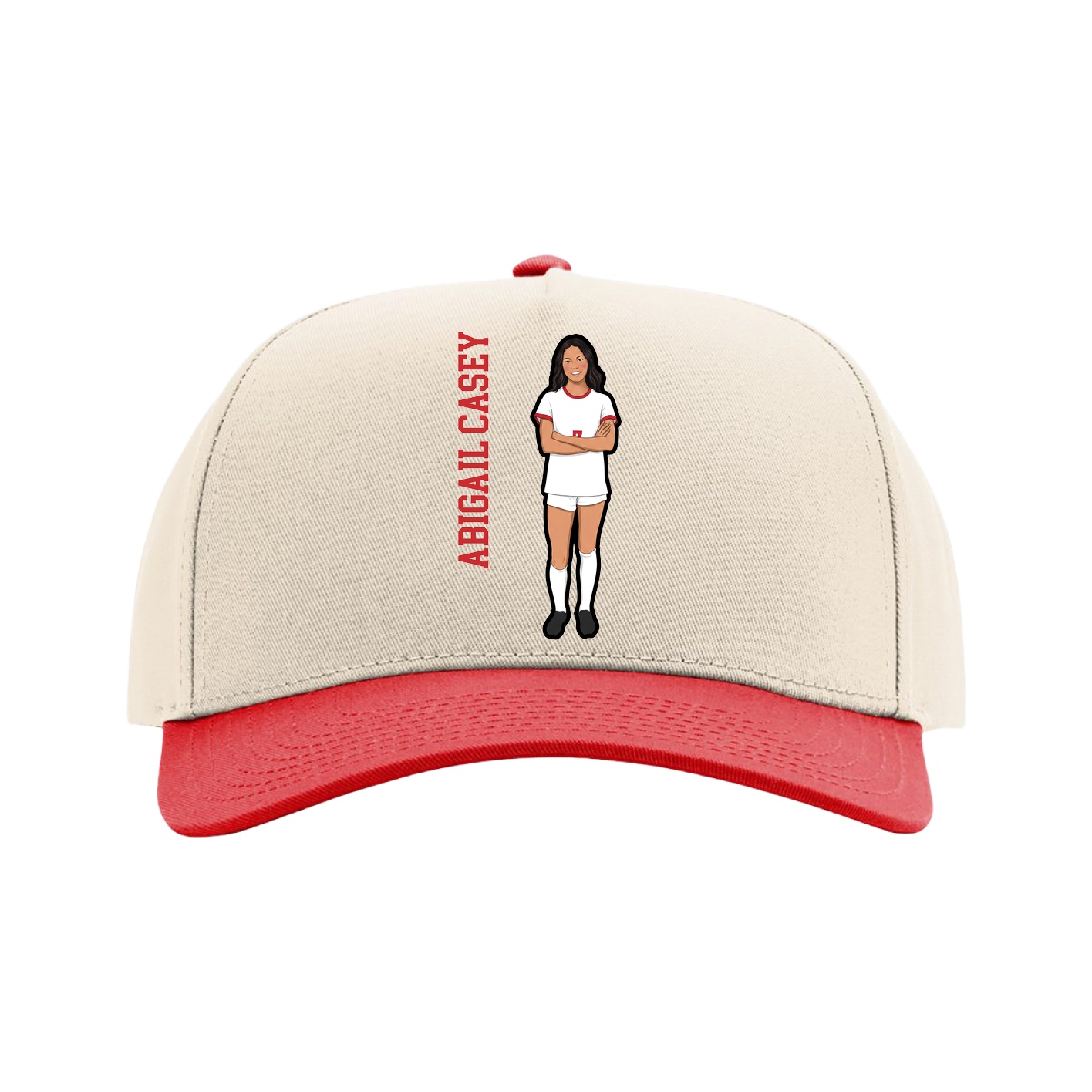 Full Fabric Five-Panel Champ Cap — Name Vertical in Cream/Red