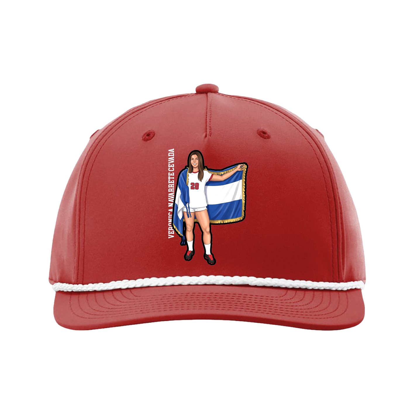 Five-Panel Classic Rope Cap — Name Vertical in Red