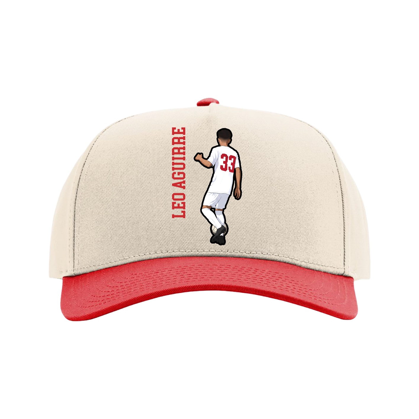Full Fabric Five-Panel Champ Cap — Name Vertical in Cream/Red