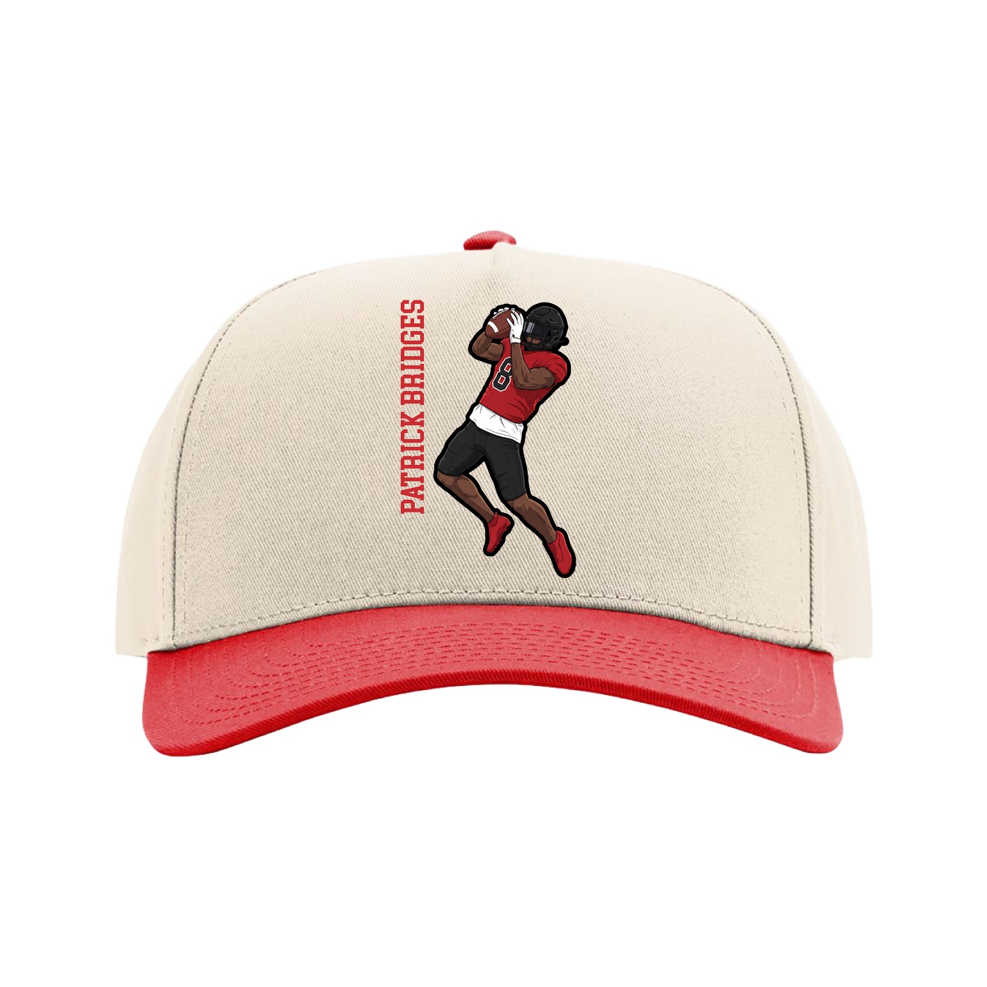 Full Fabric Five-Panel Champ Cap — Name Vertical in Cream/Red