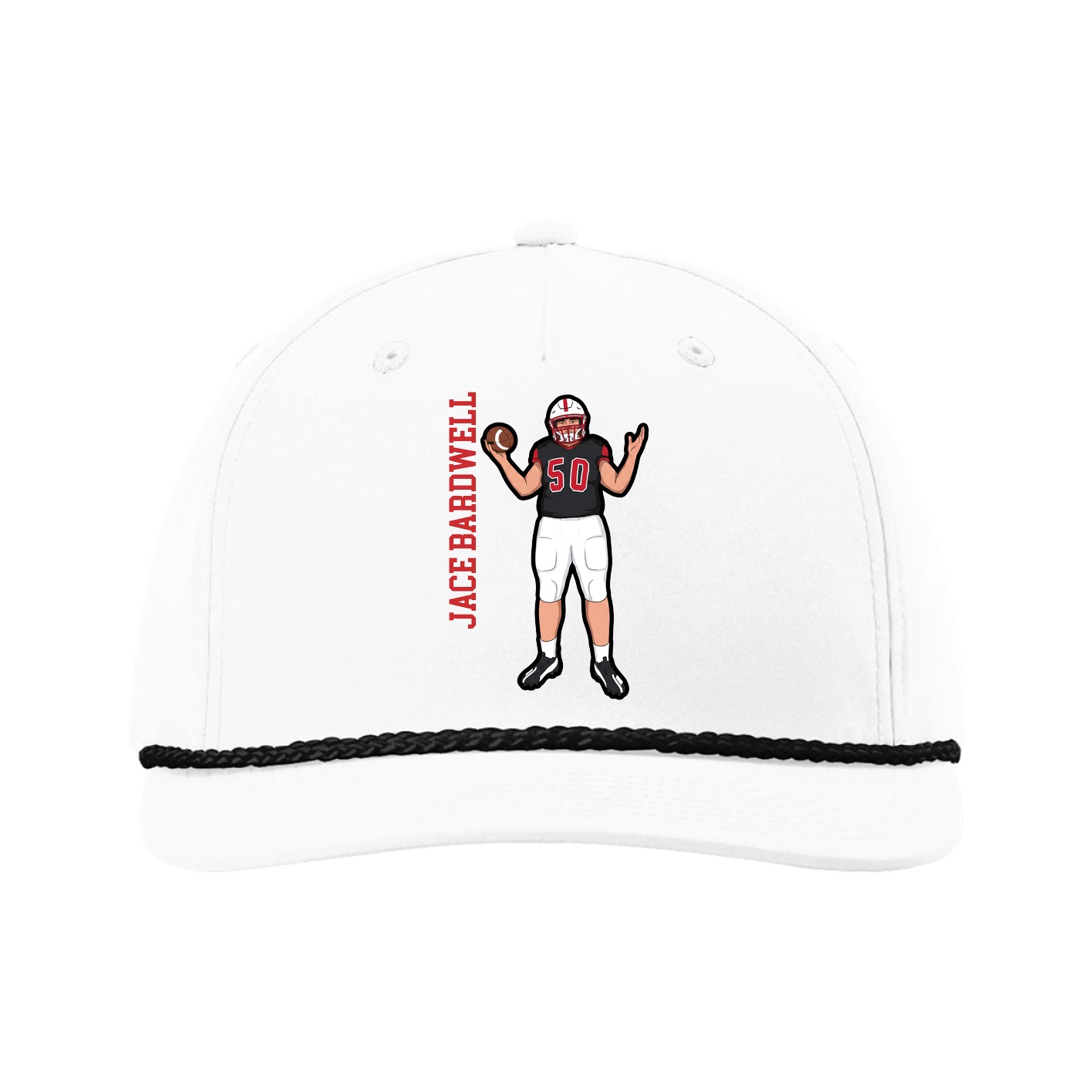Five-Panel Classic Rope Cap — Name Vertical in White
