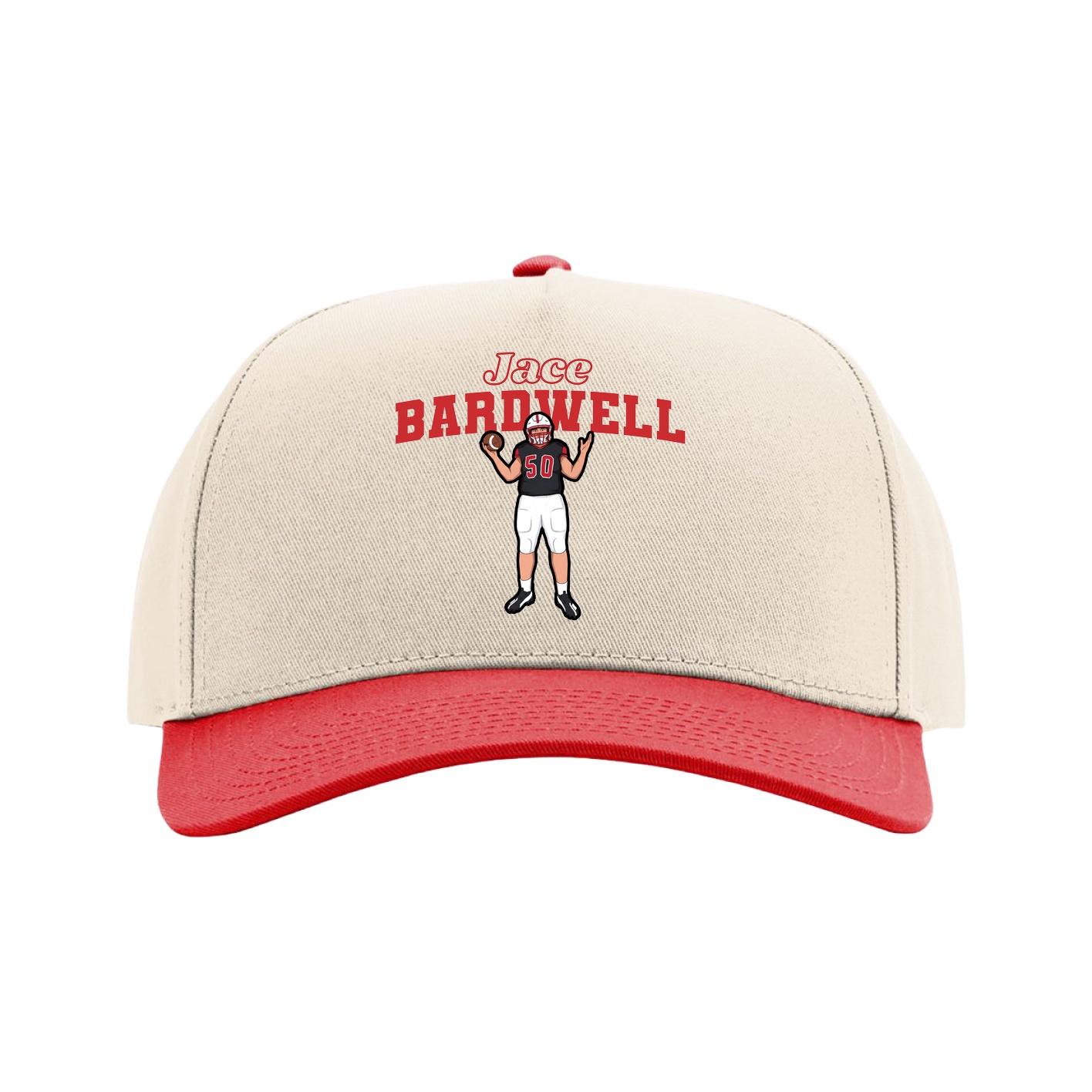 Full Fabric Five-Panel Champ Cap — Name Arch in Cream/Red