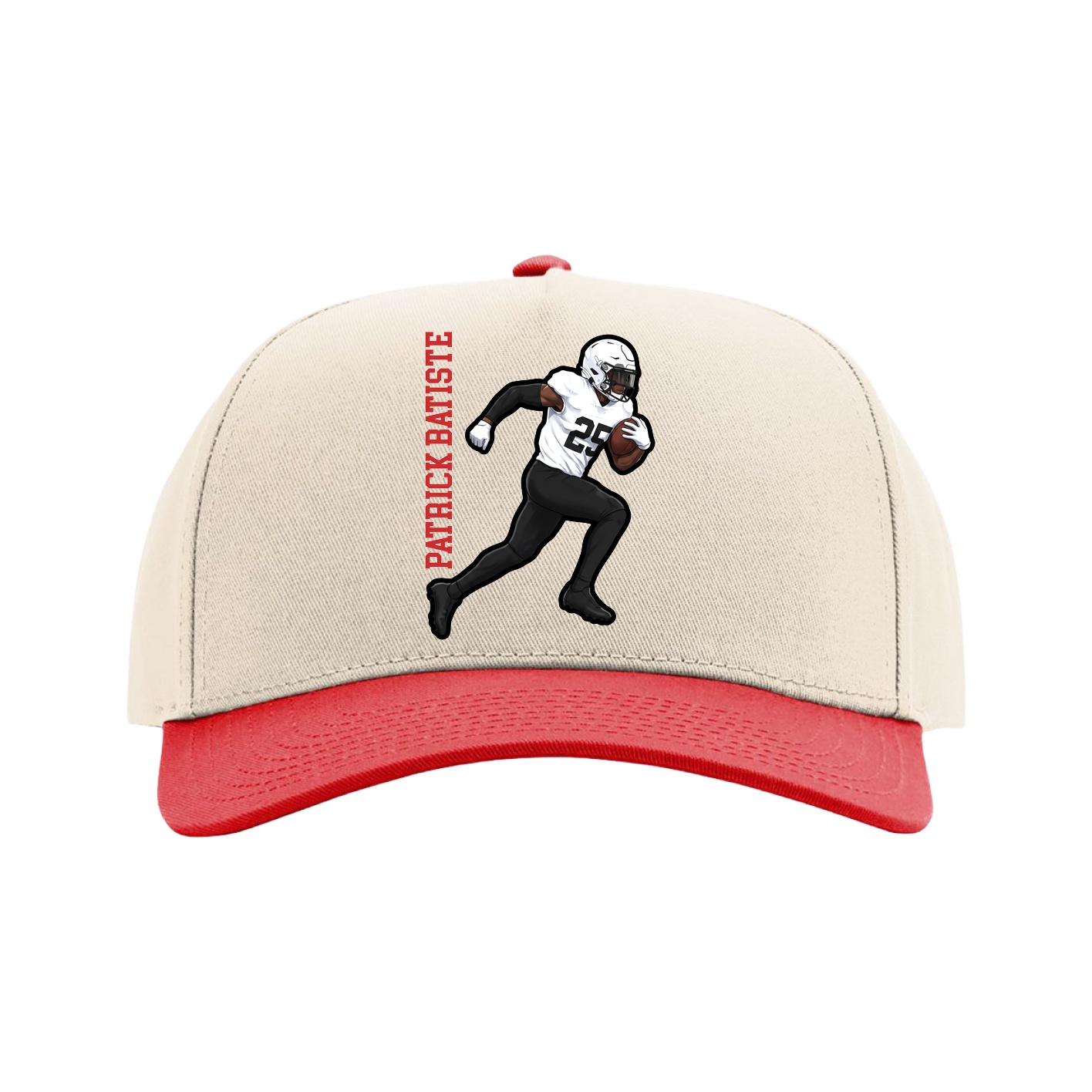 Full Fabric Five-Panel Champ Cap — Name Vertical in Cream/Red