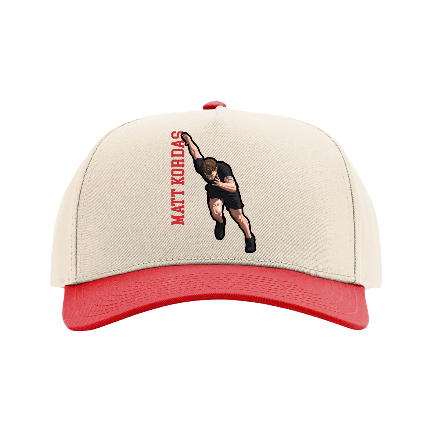 Full Fabric Five-Panel Champ Cap — Name Vertical in Cream/Red