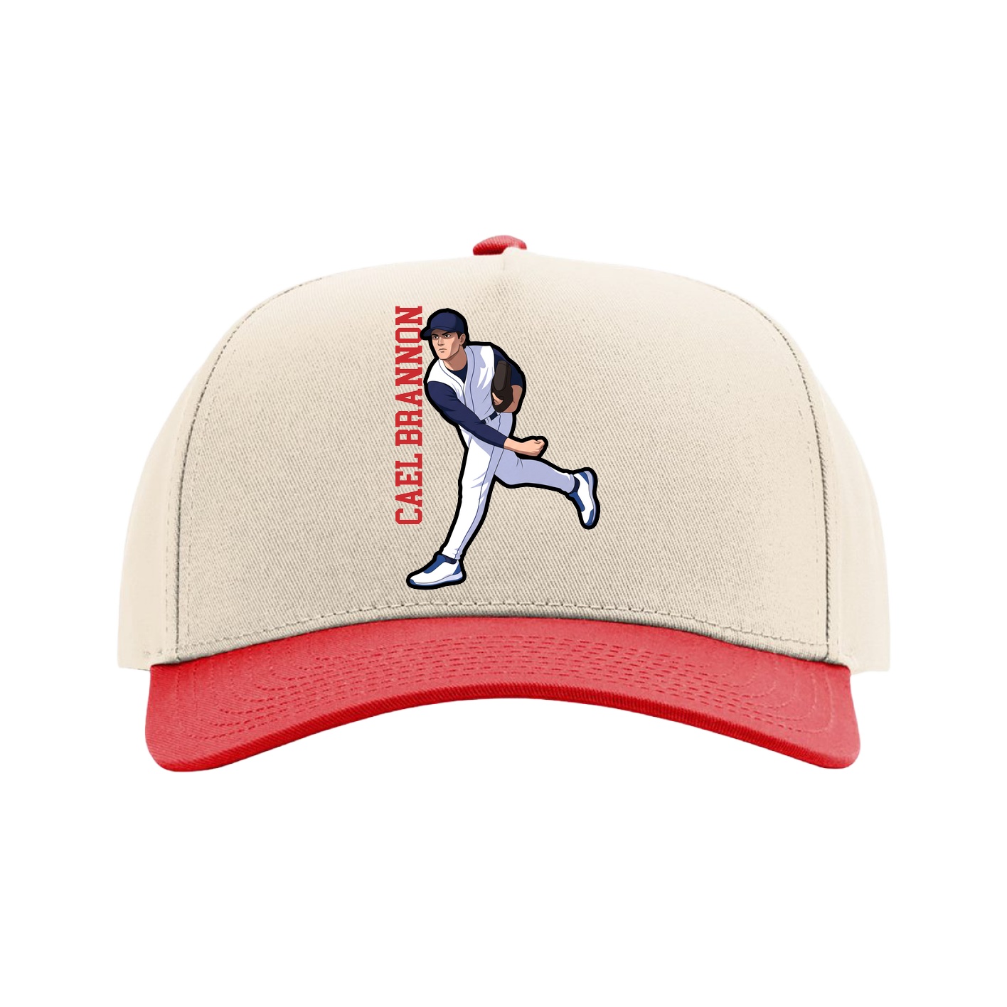 Full Fabric Five-Panel Champ Cap — Name Vertical in Cream/Red