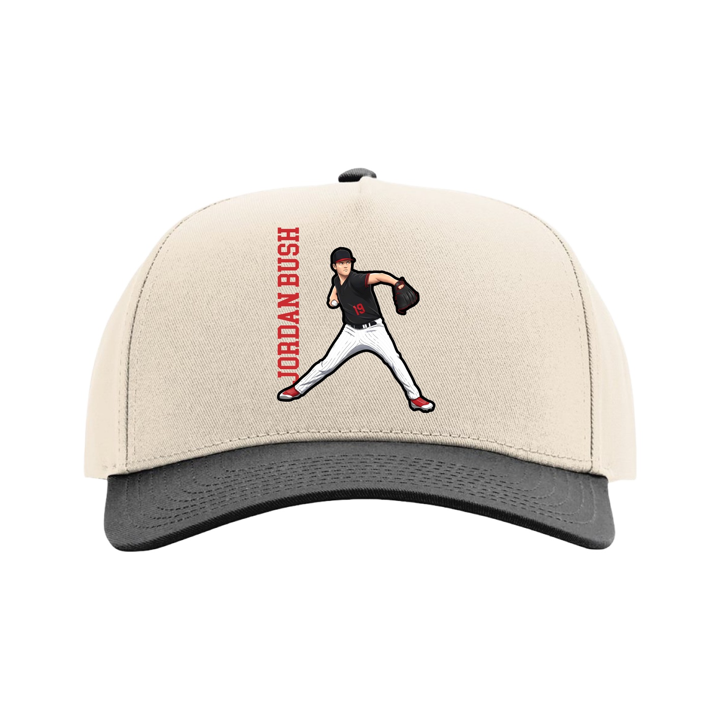 Full Fabric Five-Panel Champ Cap — Name Vertical in Cream/Black