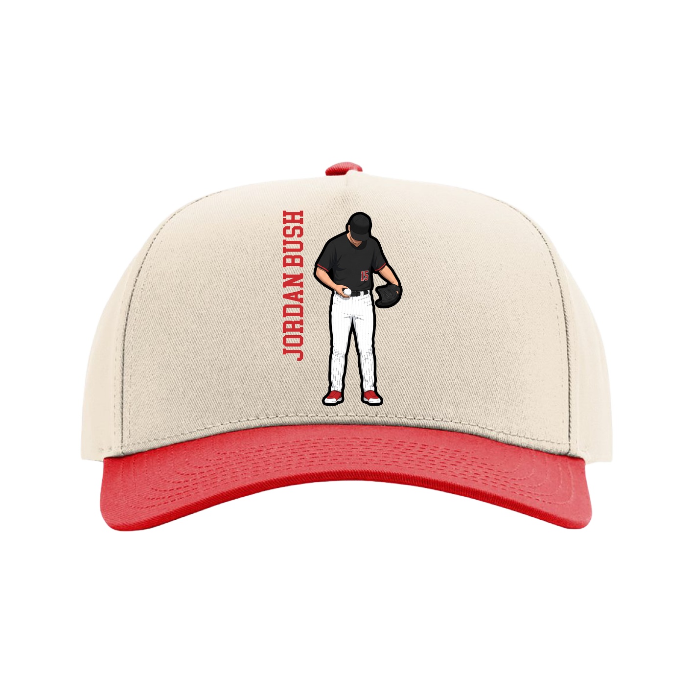 Full Fabric Five-Panel Champ Cap — Name Vertical in Cream/Red