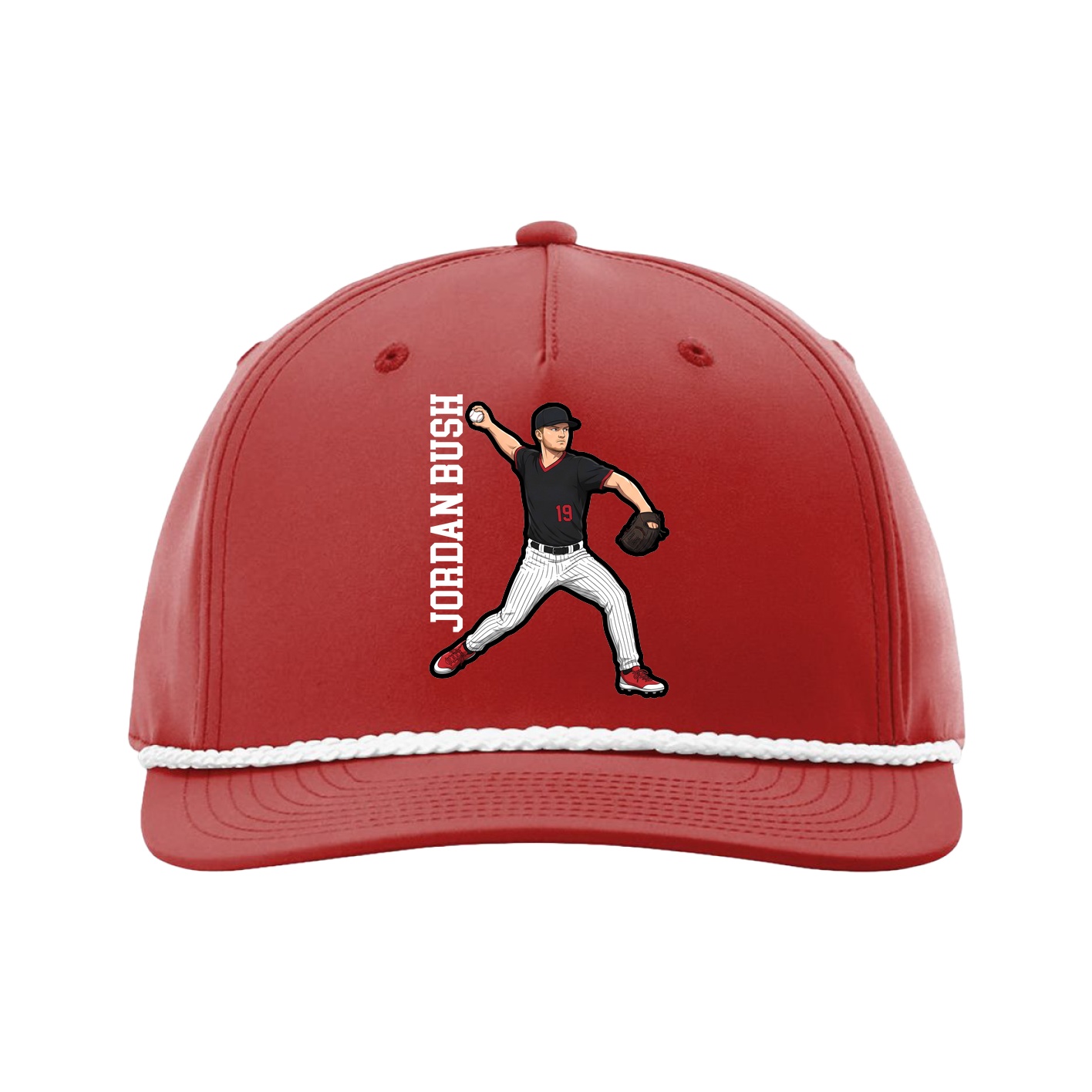 Five-Panel Classic Rope Cap — Name Vertical in Red