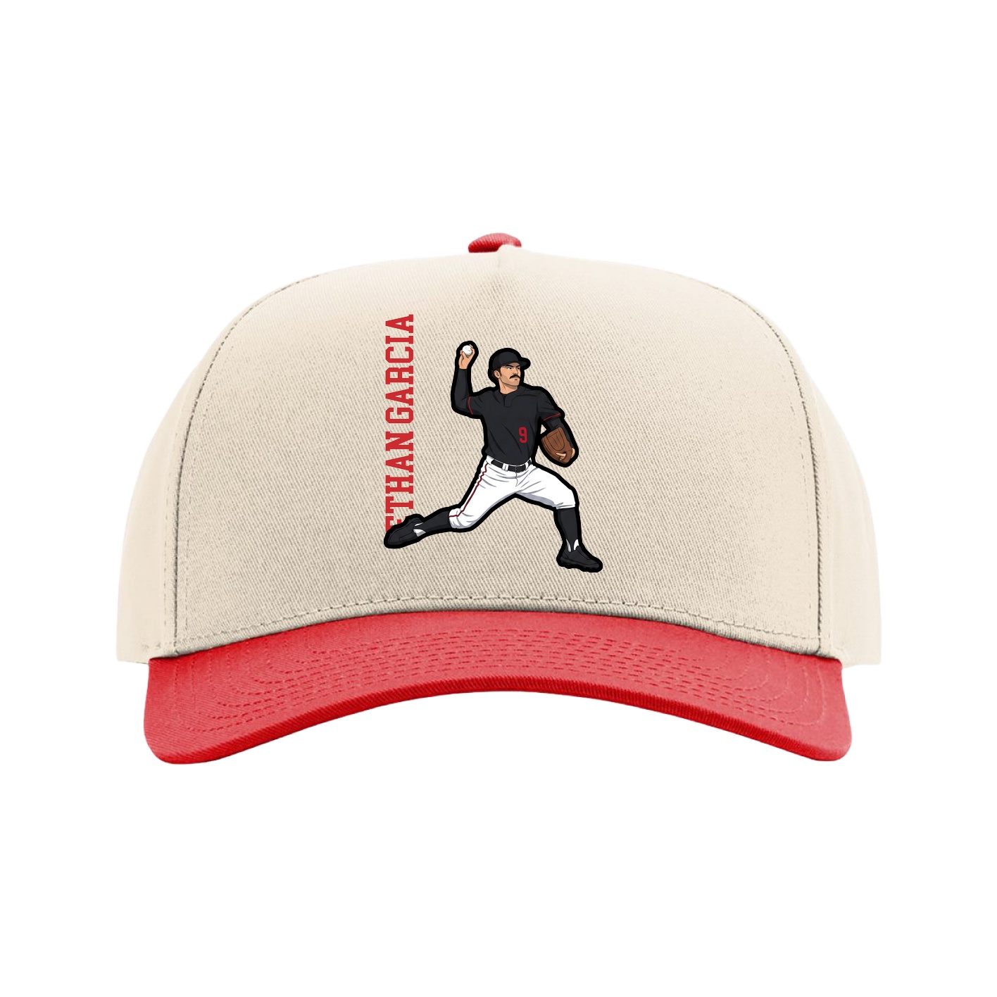 Full Fabric Five-Panel Champ Cap — Name Vertical in Cream/Red