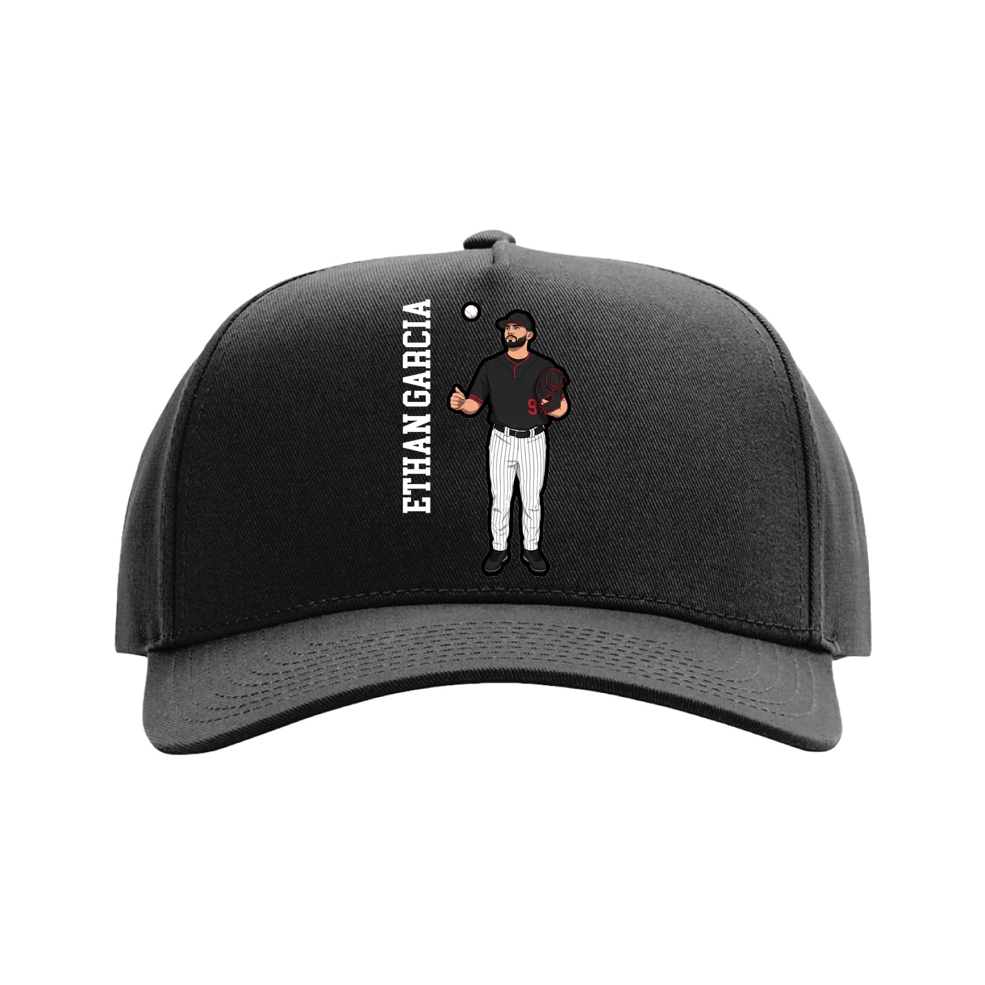 Full Fabric Five-Panel Champ Cap — Name Vertical in Black