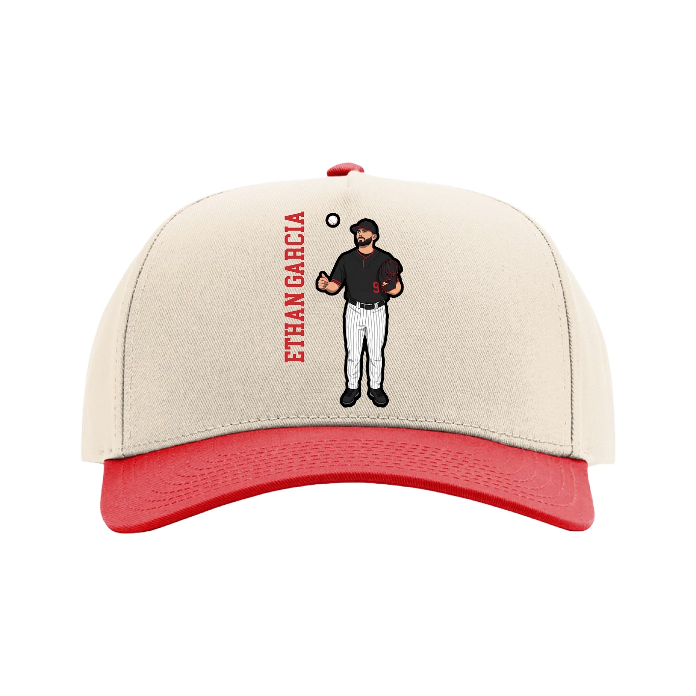 Full Fabric Five-Panel Champ Cap — Name Vertical in Cream/Red