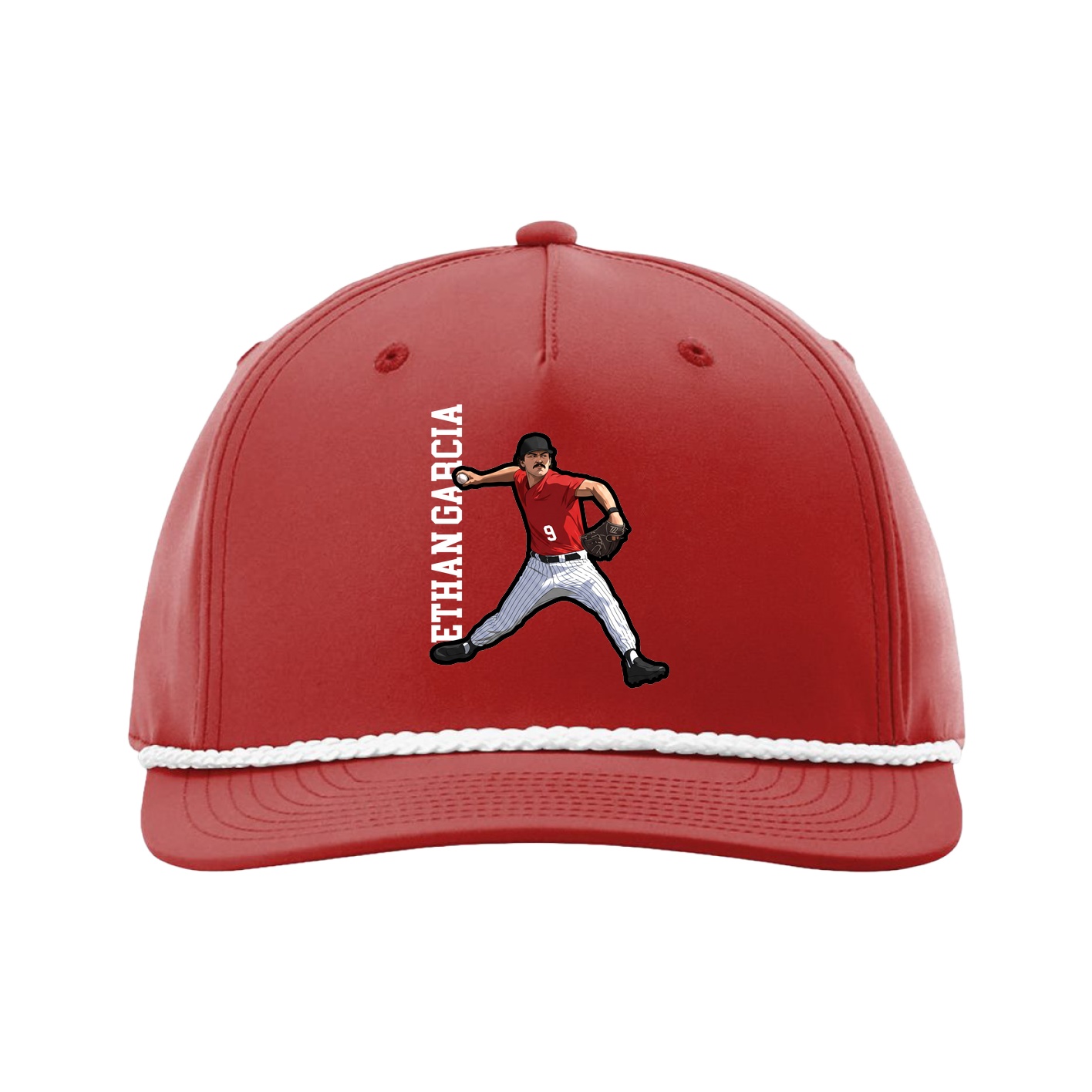 Five-Panel Classic Rope Cap — Name Vertical in Red