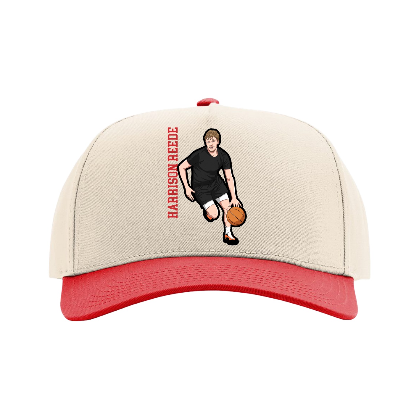 Full Fabric Five-Panel Champ Cap — Name Vertical in Cream/Red