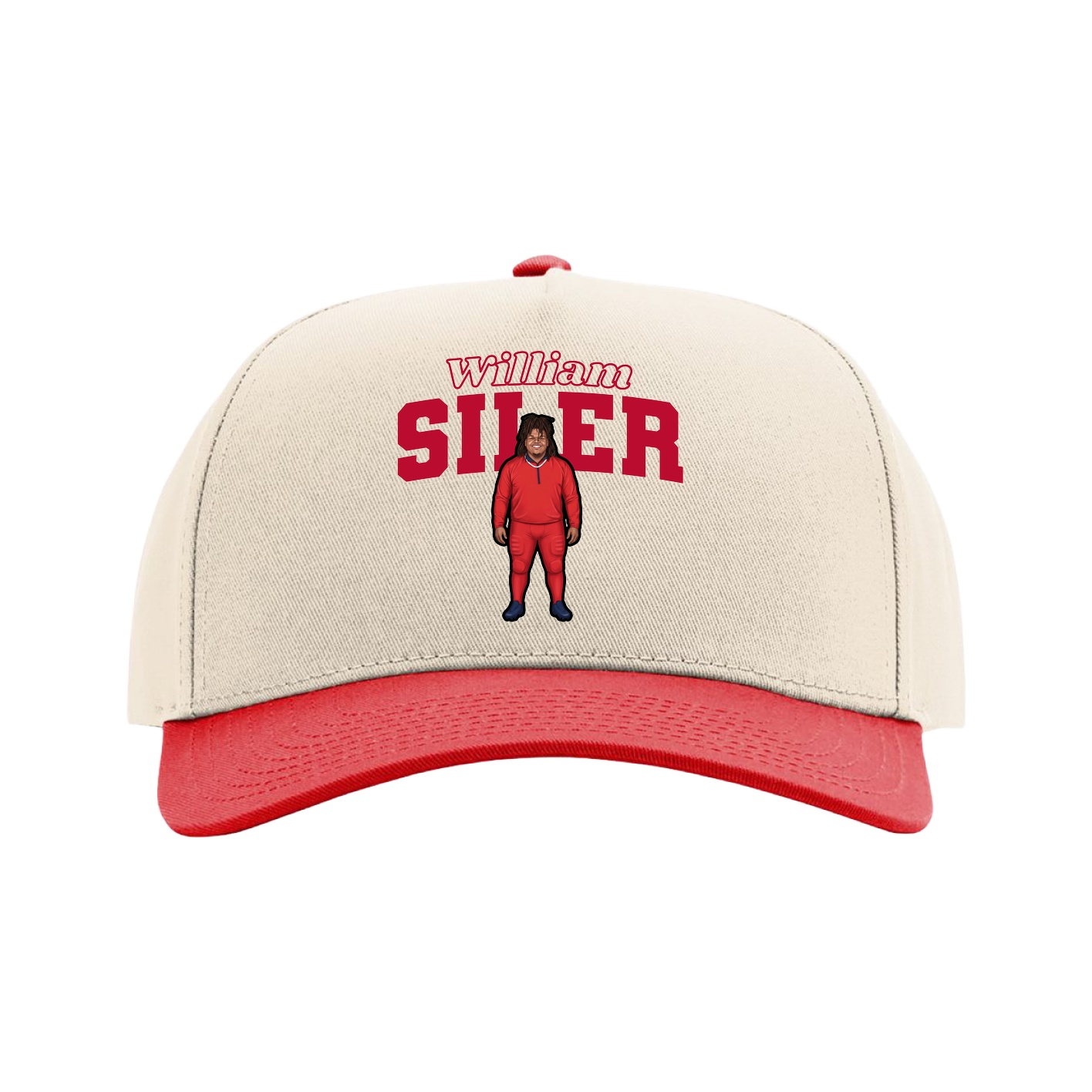 Full Fabric Five-Panel Champ Cap — Name Arch in Cream/Red