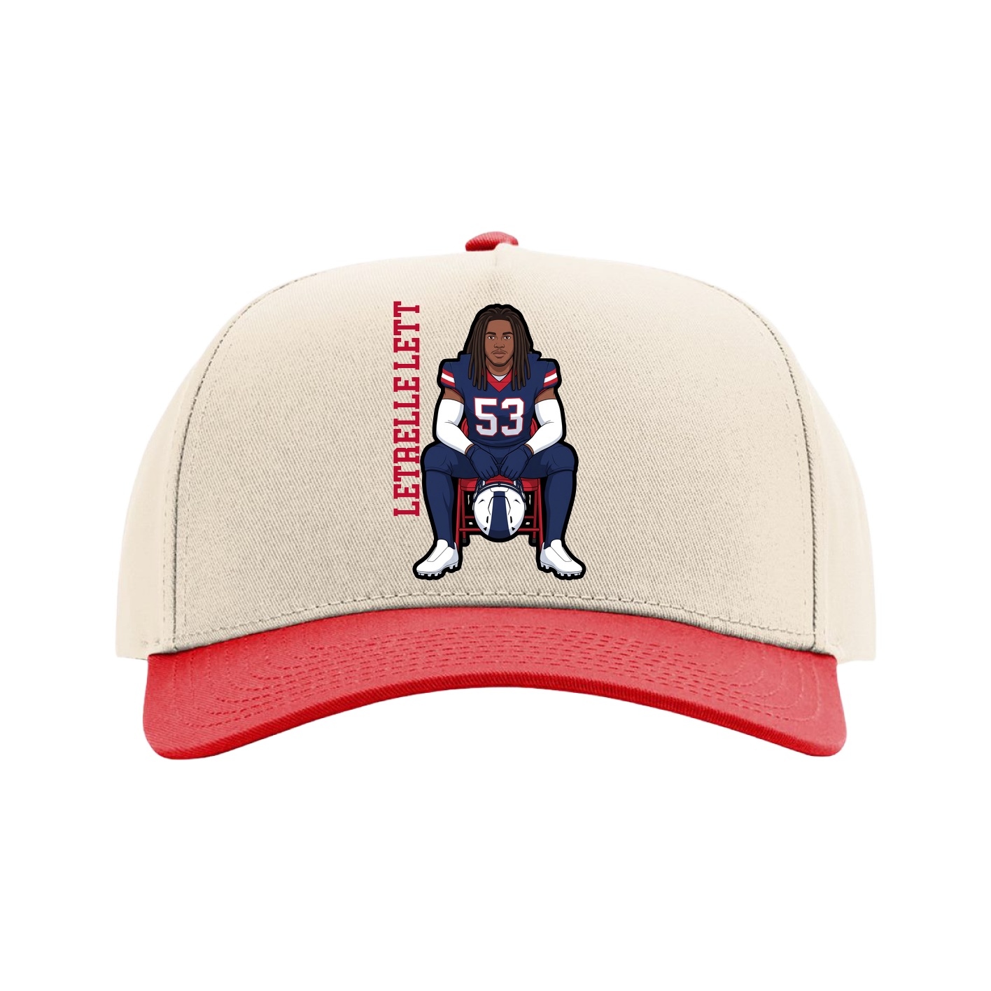 Full Fabric Five-Panel Champ Cap — Name Vertical in Cream/Red