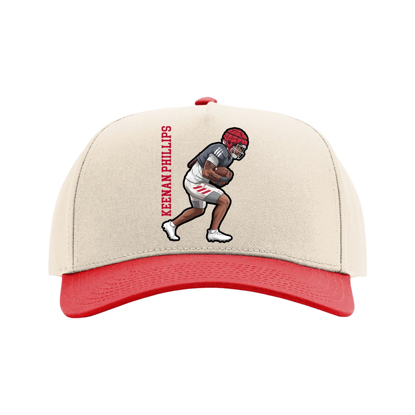 Full Fabric Five-Panel Champ Cap — Name Vertical in Cream/Red