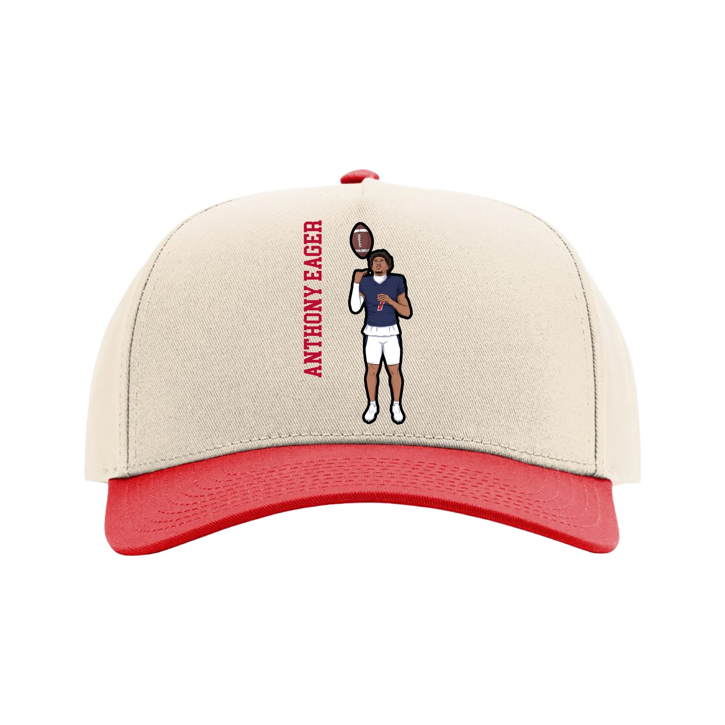 Full Fabric Five-Panel Champ Cap — Name Vertical in Cream/Red