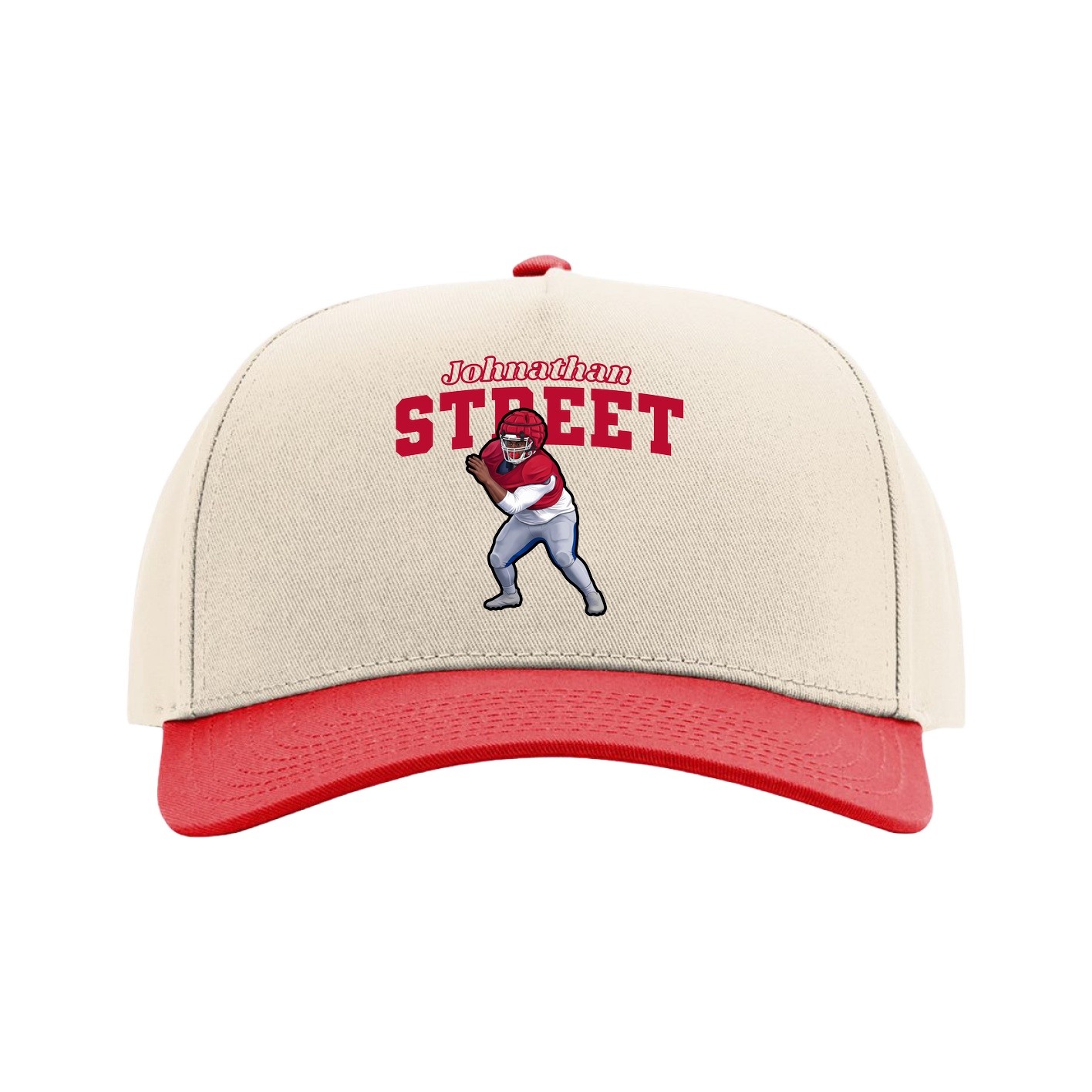 Full Fabric Five-Panel Champ Cap — Name Arch in Cream/Red