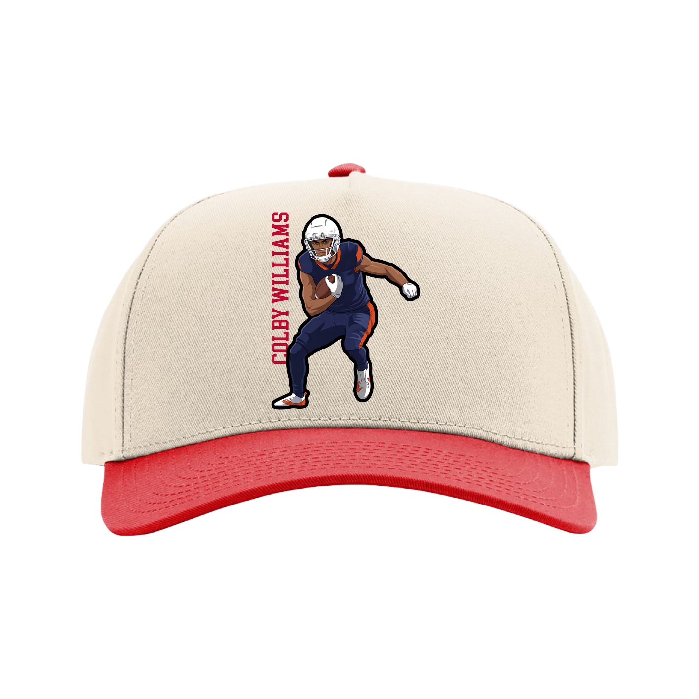 Full Fabric Five-Panel Champ Cap — Name Vertical in Cream/Red