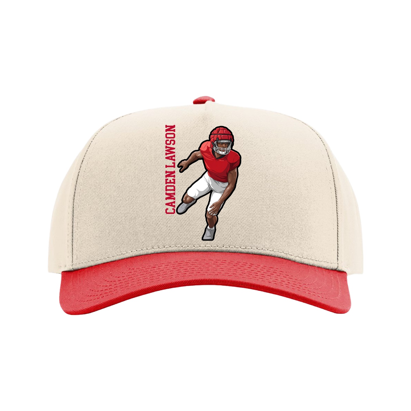 Full Fabric Five-Panel Champ Cap — Name Vertical in Cream/Red