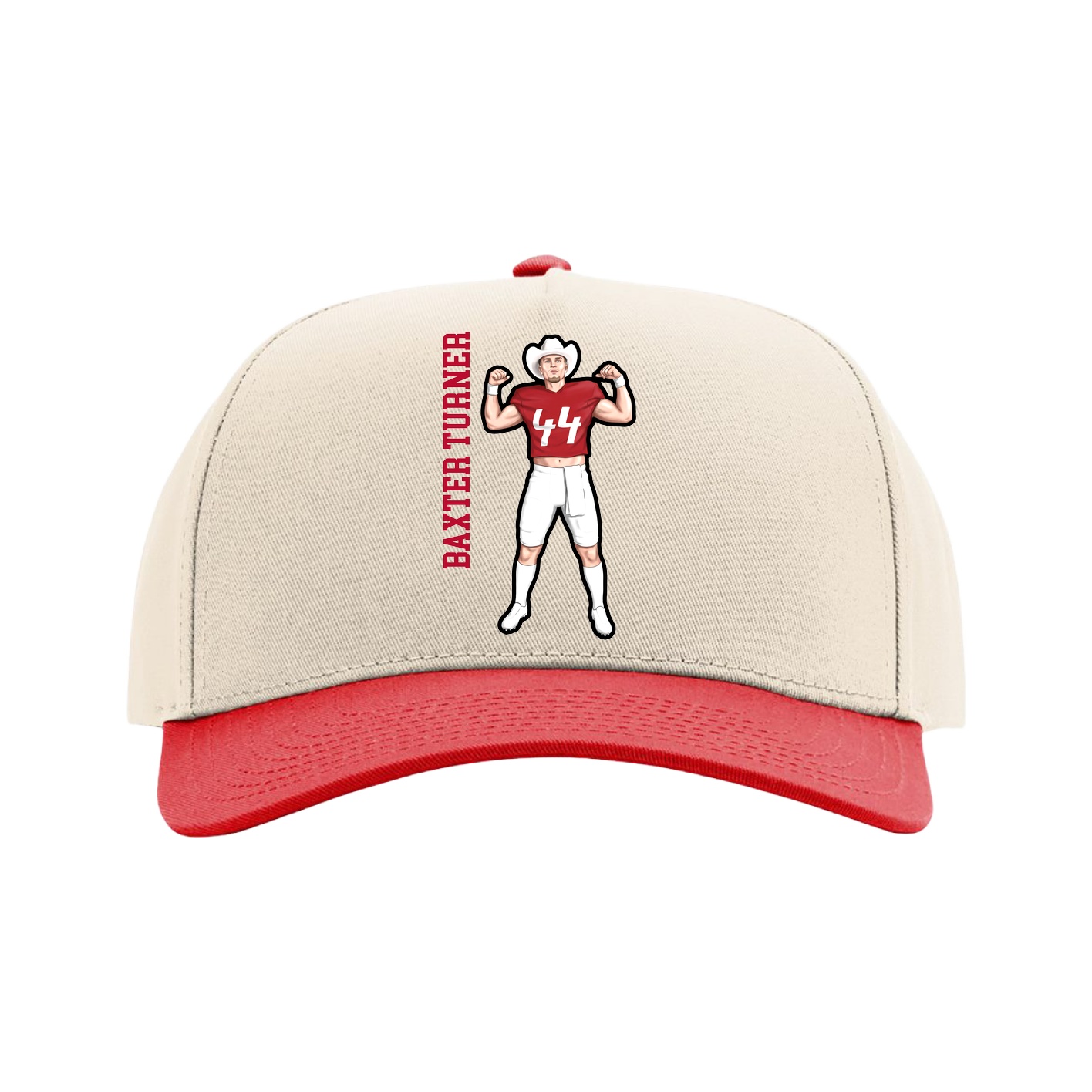 Full Fabric Five-Panel Champ Cap — Name Vertical in Cream/Red