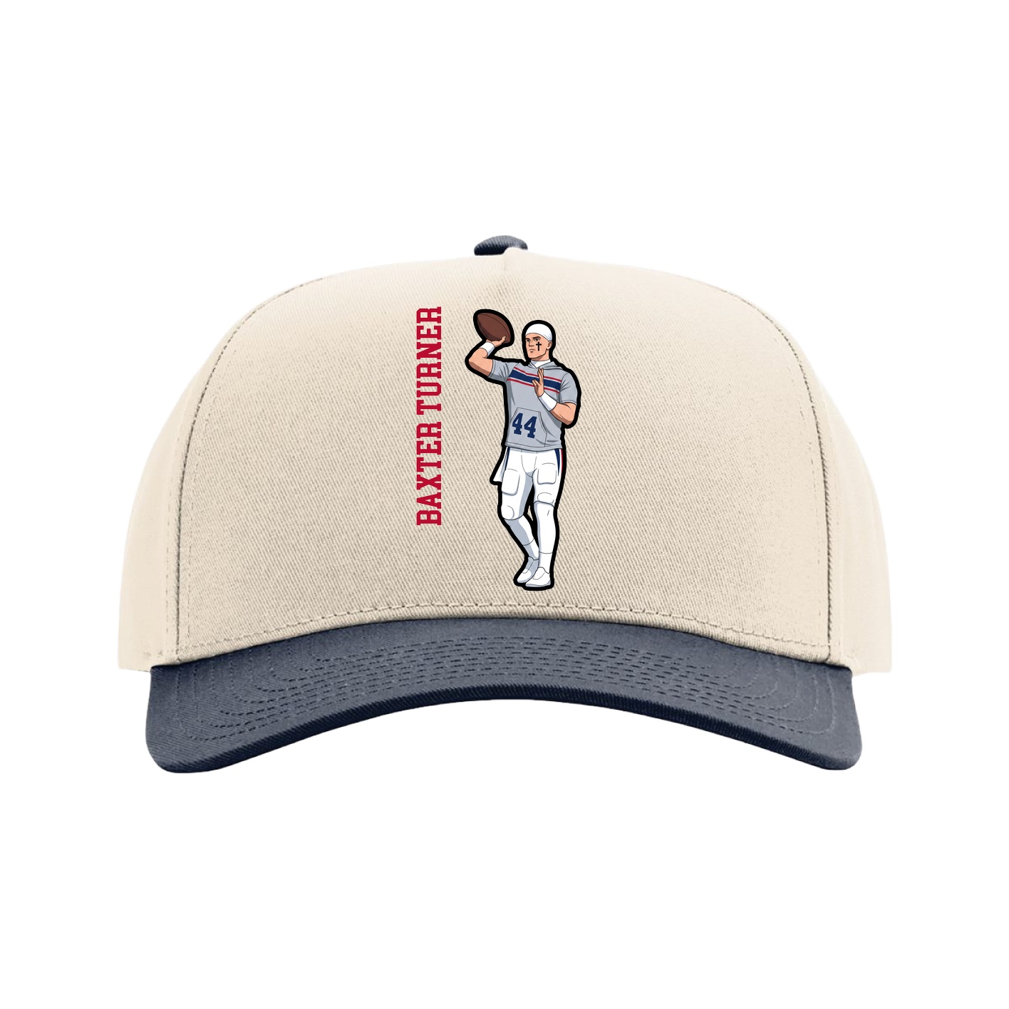 Full Fabric Five-Panel Champ Cap — Name Vertical in Cream/Navy