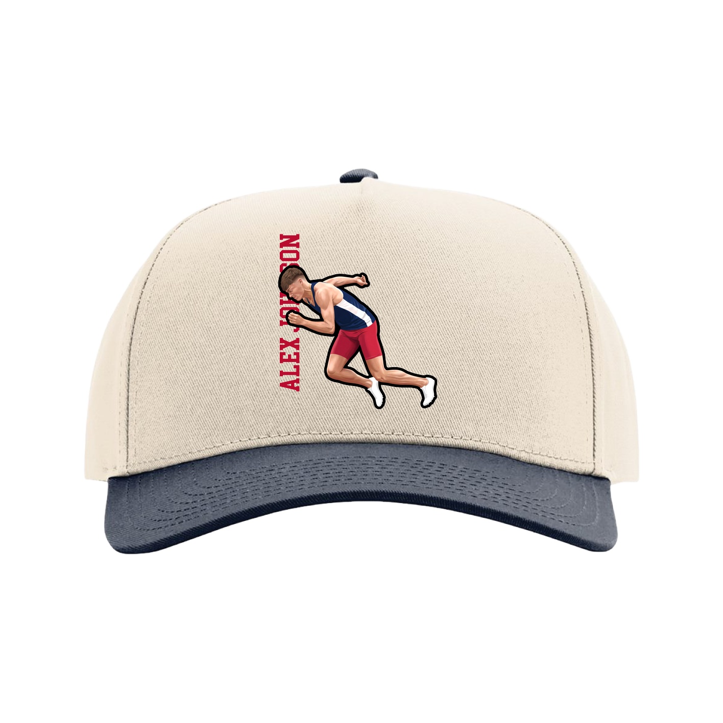 Full Fabric Five-Panel Champ Cap — Name Vertical in Cream/Navy