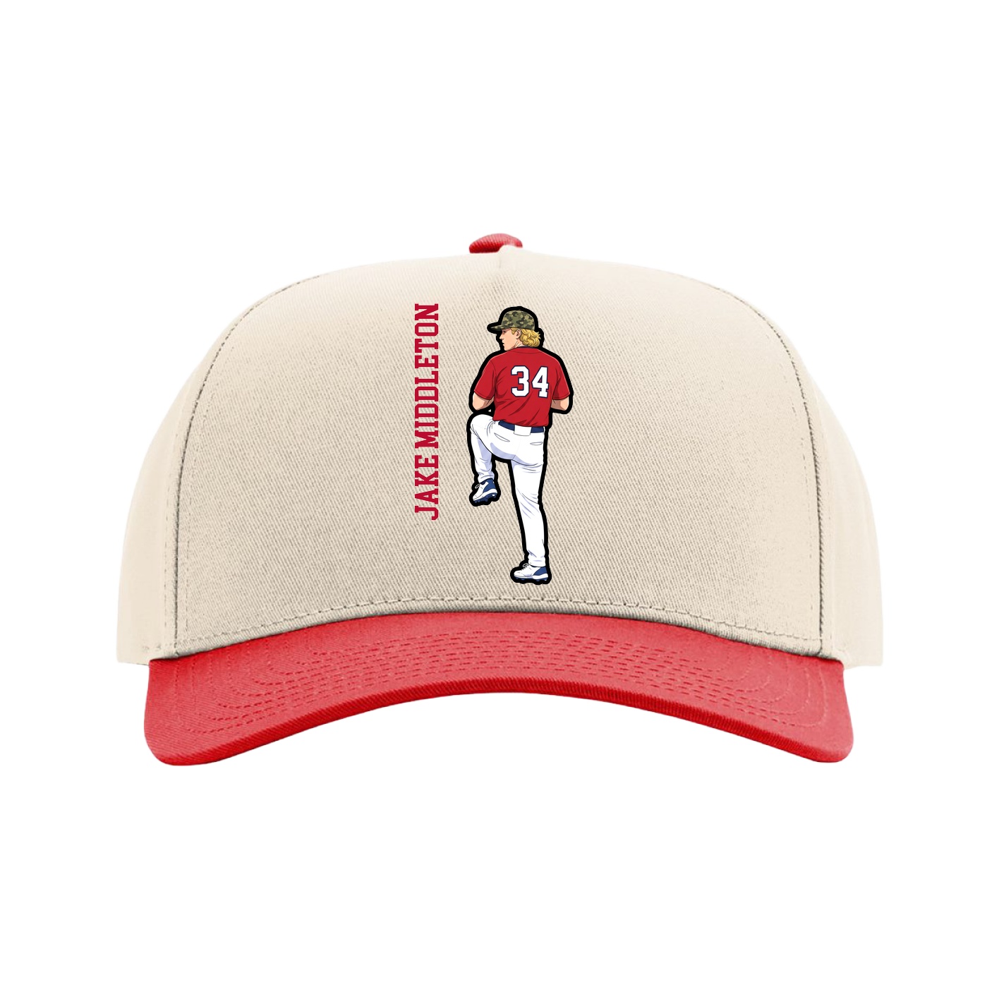 Full Fabric Five-Panel Champ Cap — Name Vertical in Cream/Red