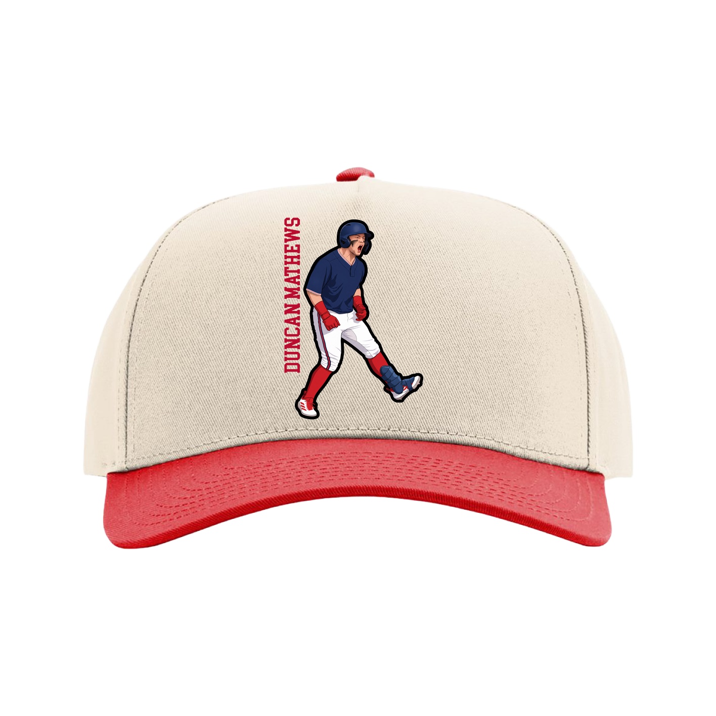 Full Fabric Five-Panel Champ Cap — Name Vertical in Cream/Red