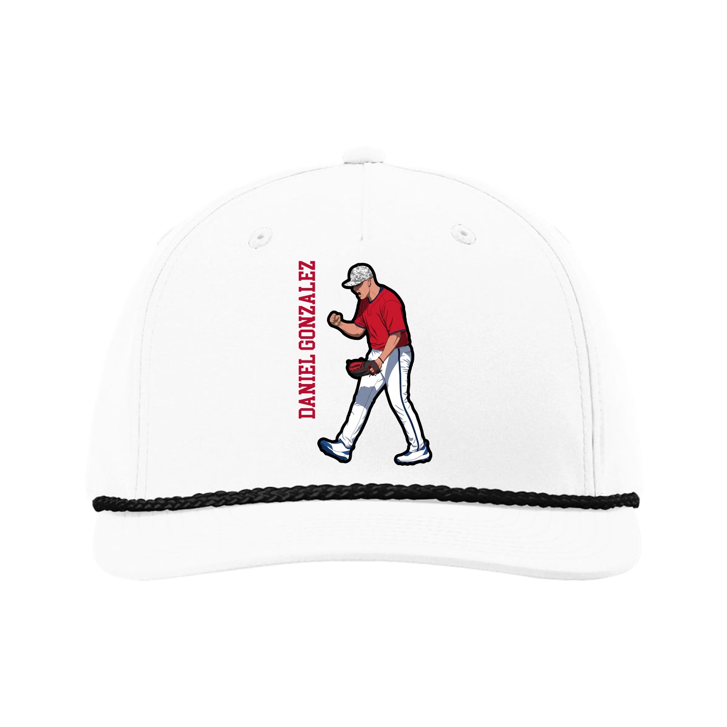 Five-Panel Classic Rope Cap — Name Vertical in White