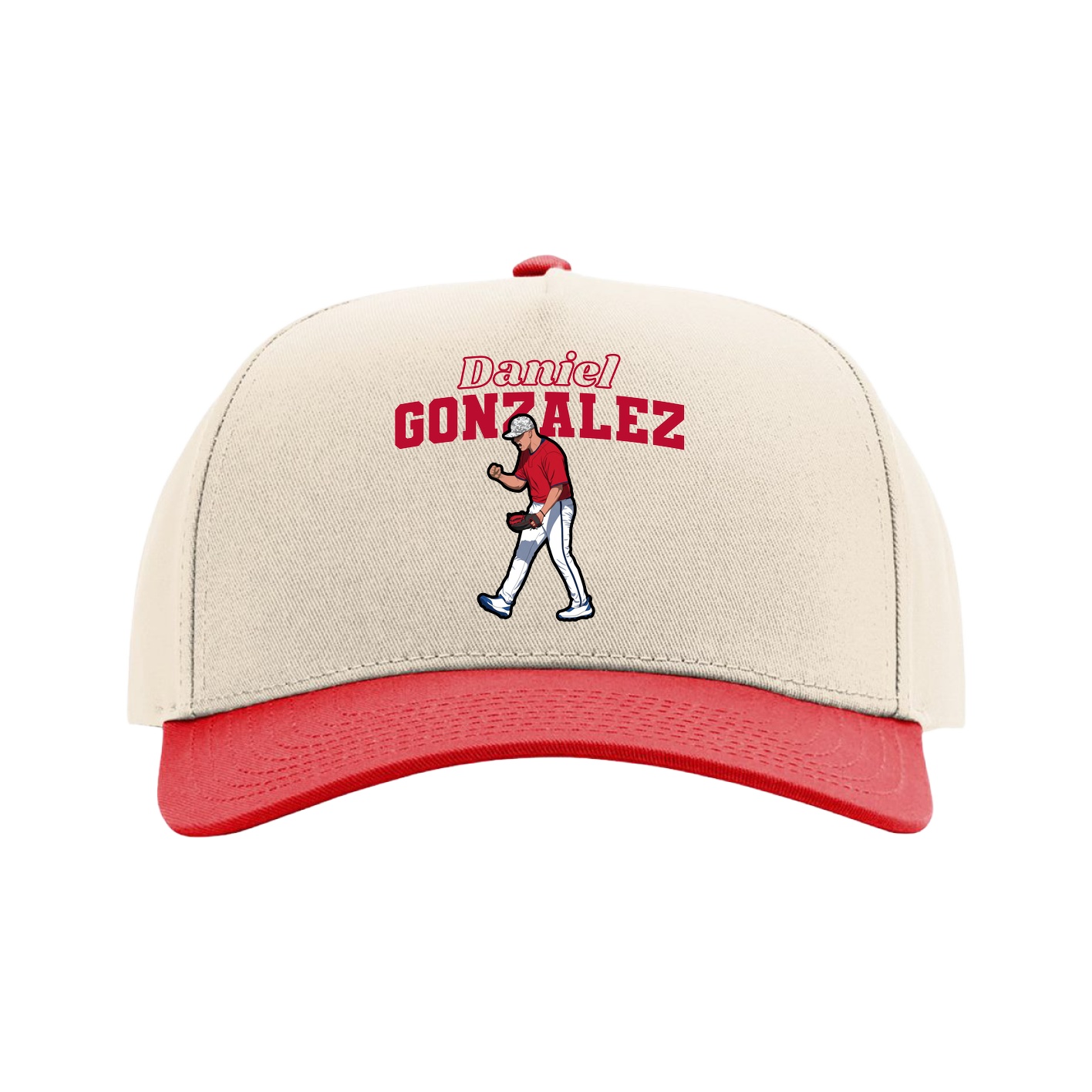 Full Fabric Five-Panel Champ Cap — Name Arch in Cream/Red