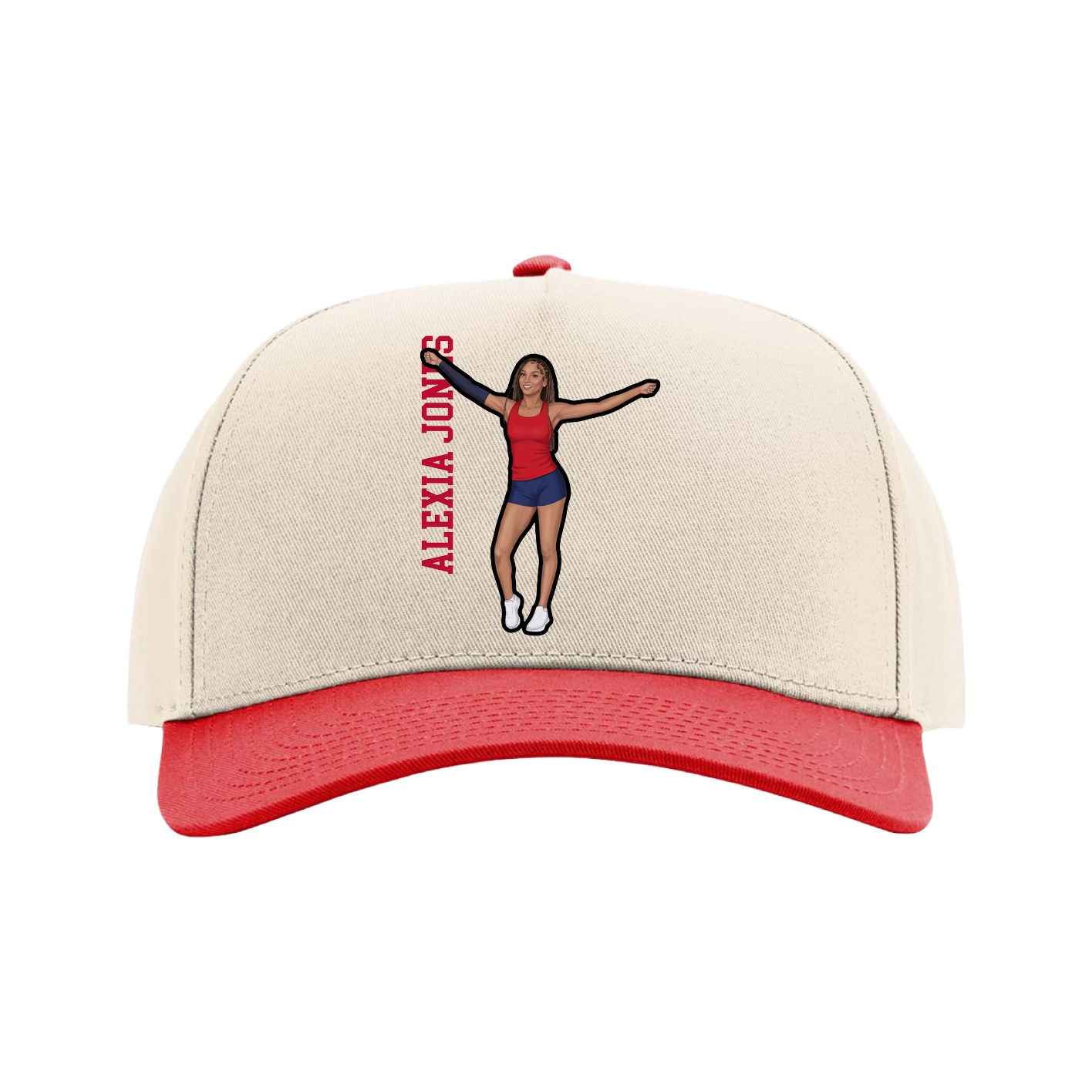 Full Fabric Five-Panel Champ Cap — Name Vertical in Cream/Red