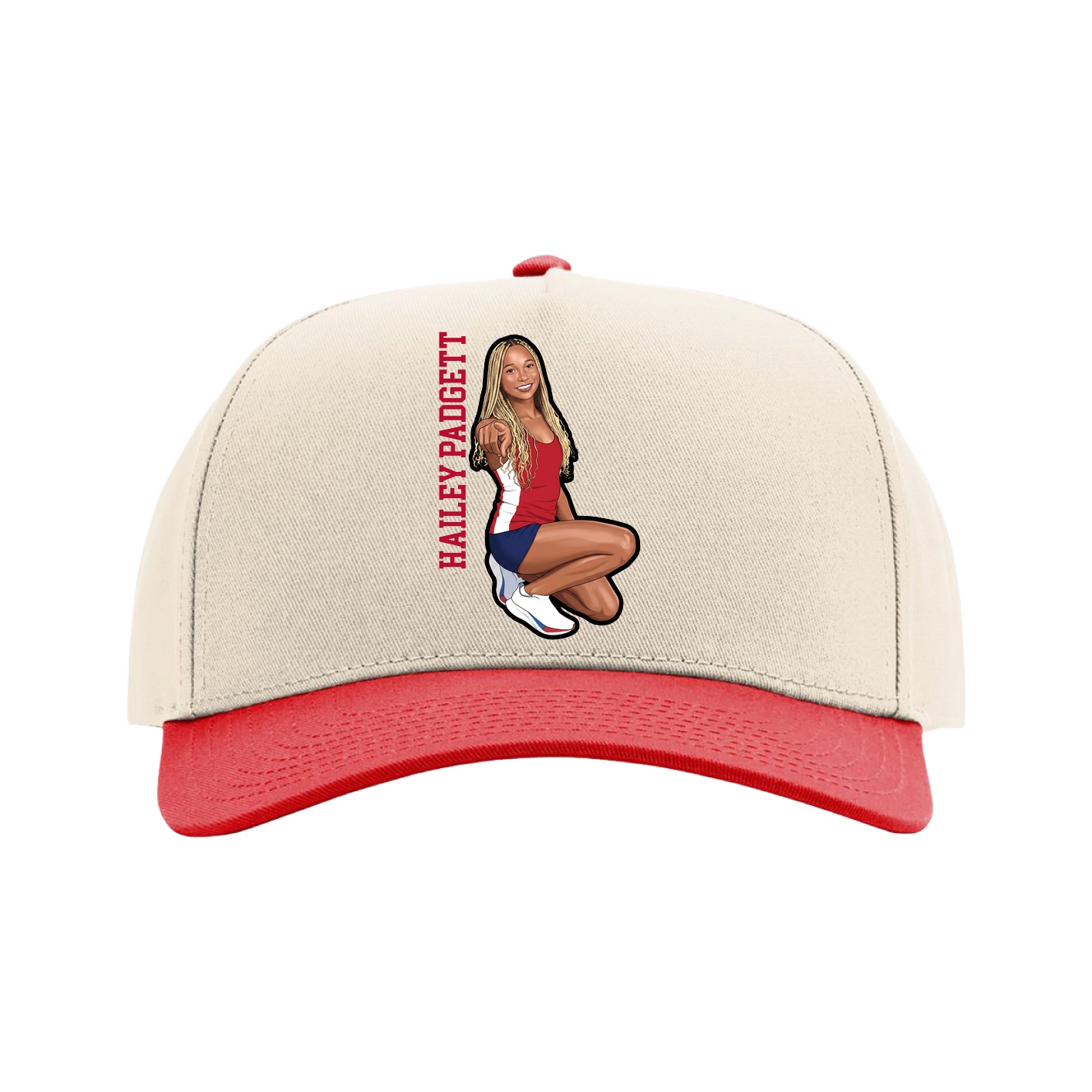 Full Fabric Five-Panel Champ Cap — Name Vertical in Cream/Red