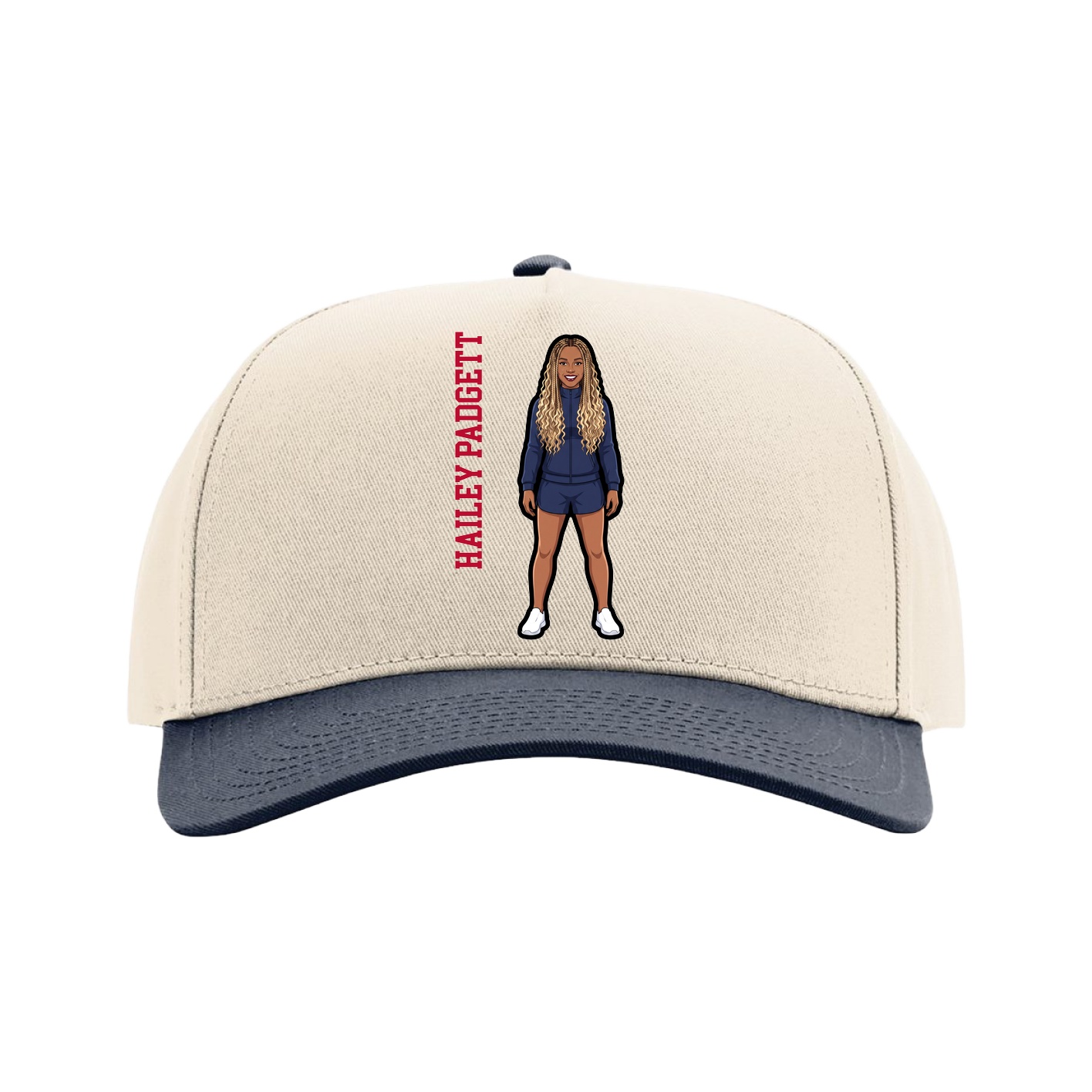 Full Fabric Five-Panel Champ Cap — Name Vertical in Cream/Navy