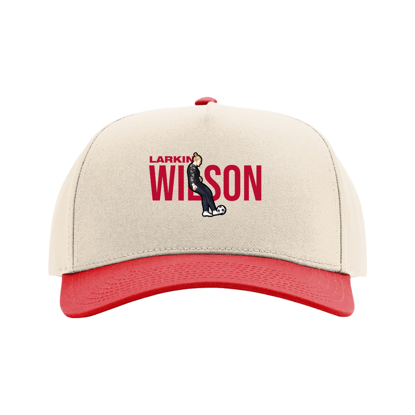 Full Fabric Five-Panel Champ Cap — Player Name in Cream/Red