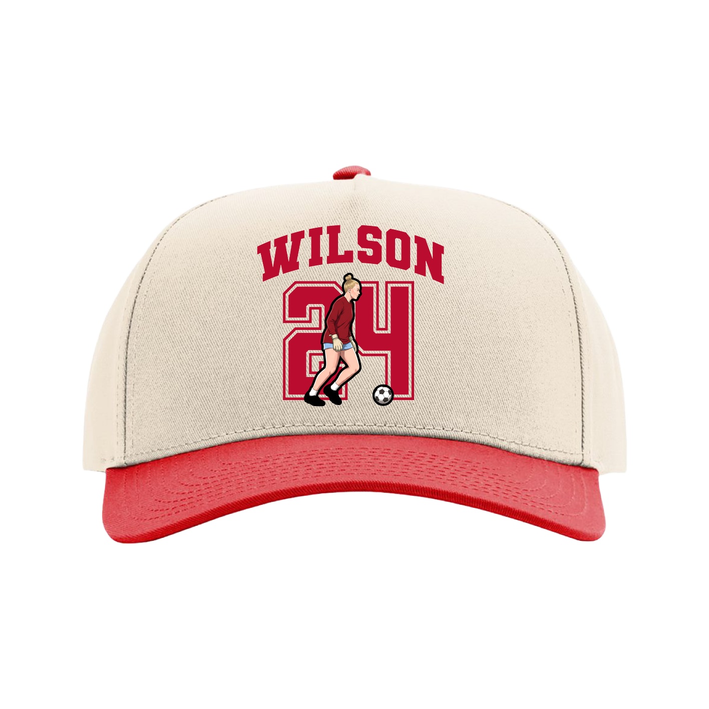 Full Fabric Five-Panel Champ Cap — Number in Cream/Red