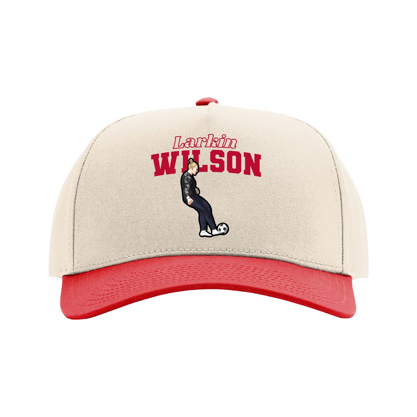 Full Fabric Five-Panel Champ Cap — Name Arch in Cream/Red