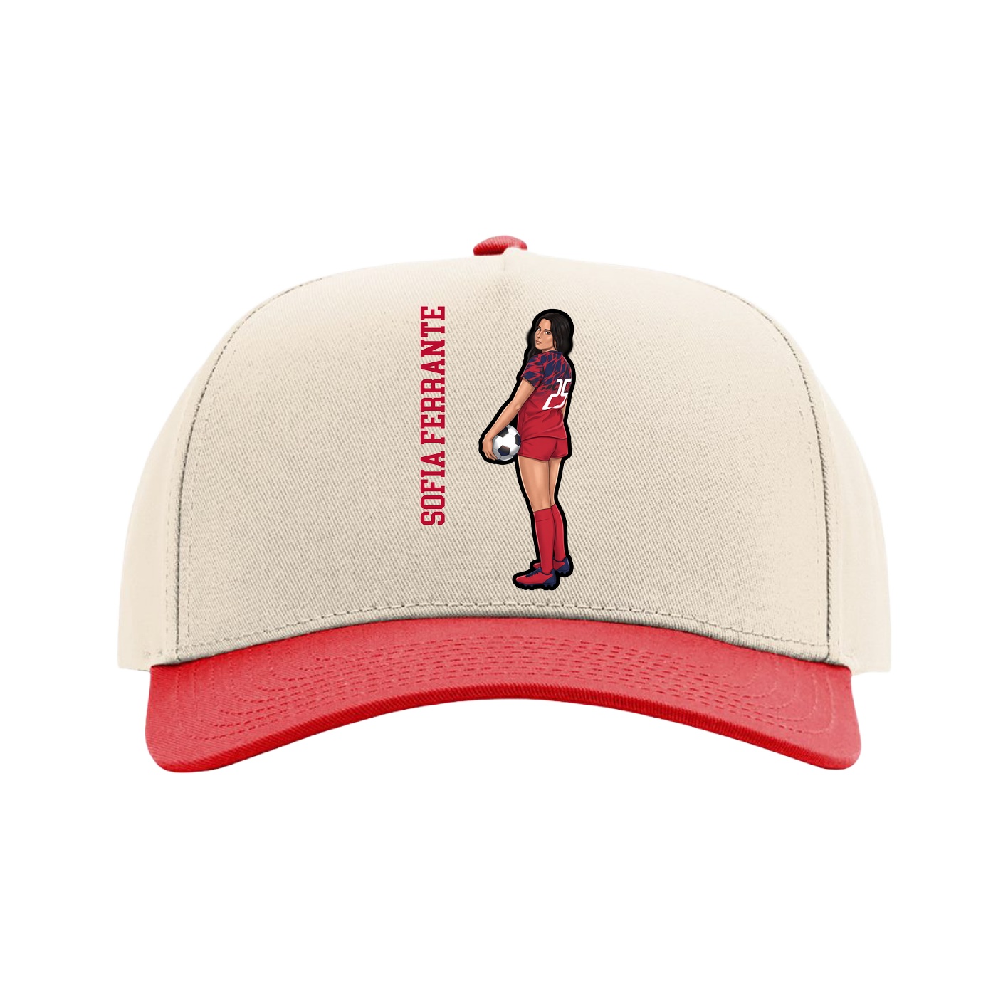 Full Fabric Five-Panel Champ Cap — Name Vertical in Cream/Red