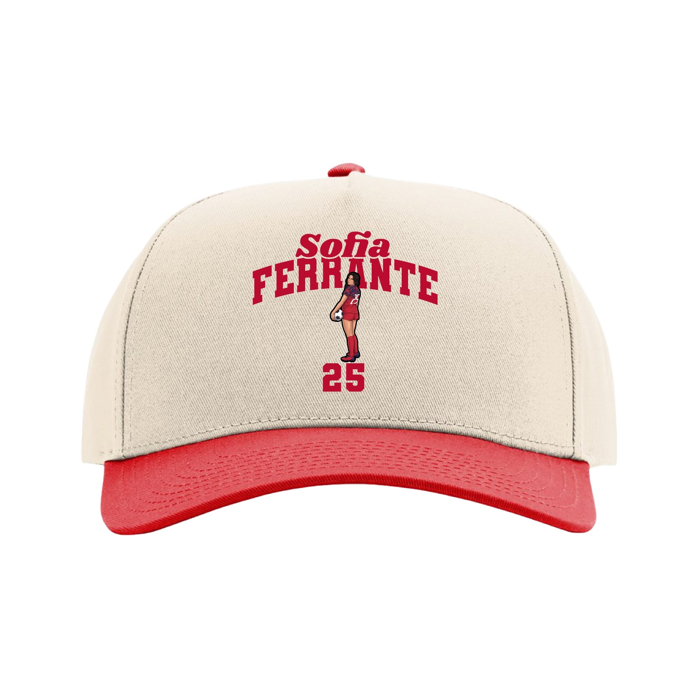 Full Fabric Five-Panel Champ Cap — Signature Arch in Cream/Red