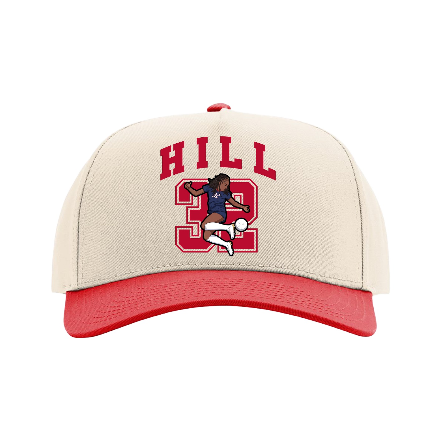 Full Fabric Five-Panel Champ Cap — Number in Cream/Red