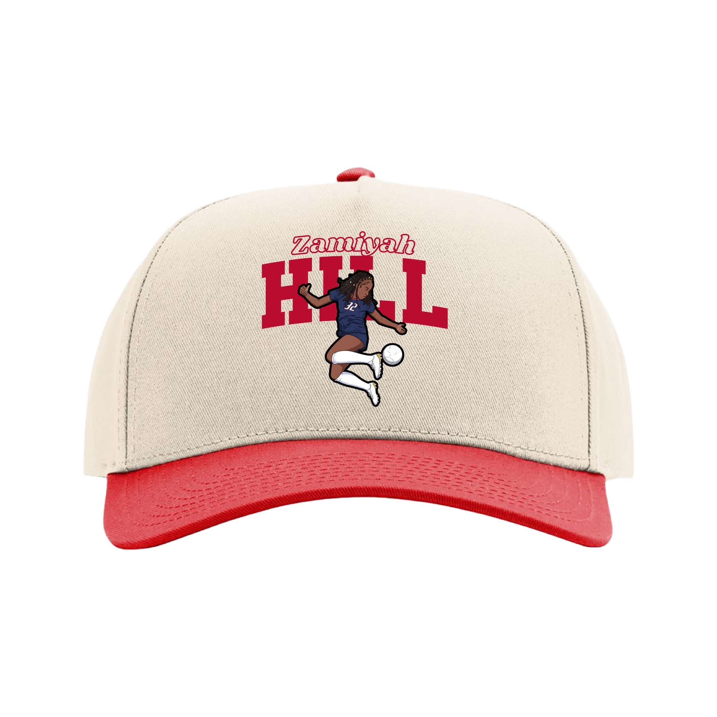Full Fabric Five-Panel Champ Cap — Name Arch in Cream/Red