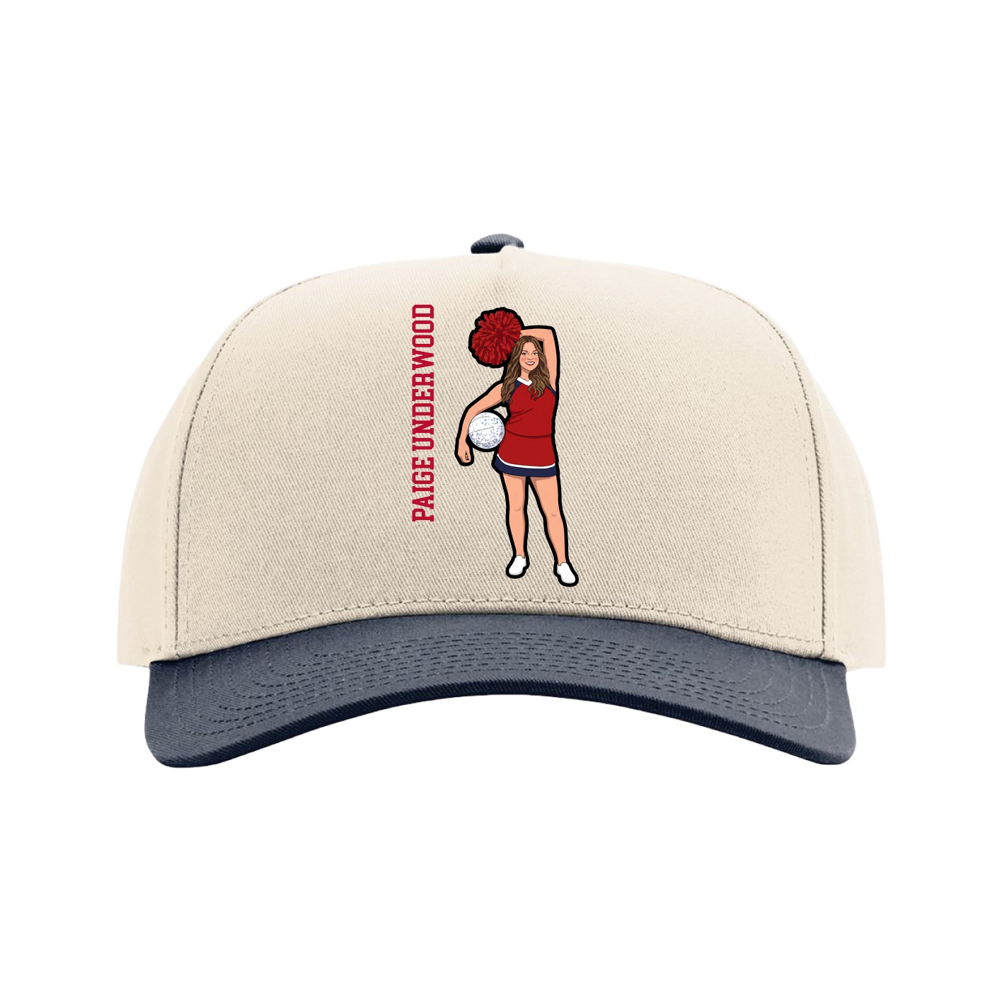 Full Fabric Five-Panel Champ Cap — Name Vertical in Cream/Navy