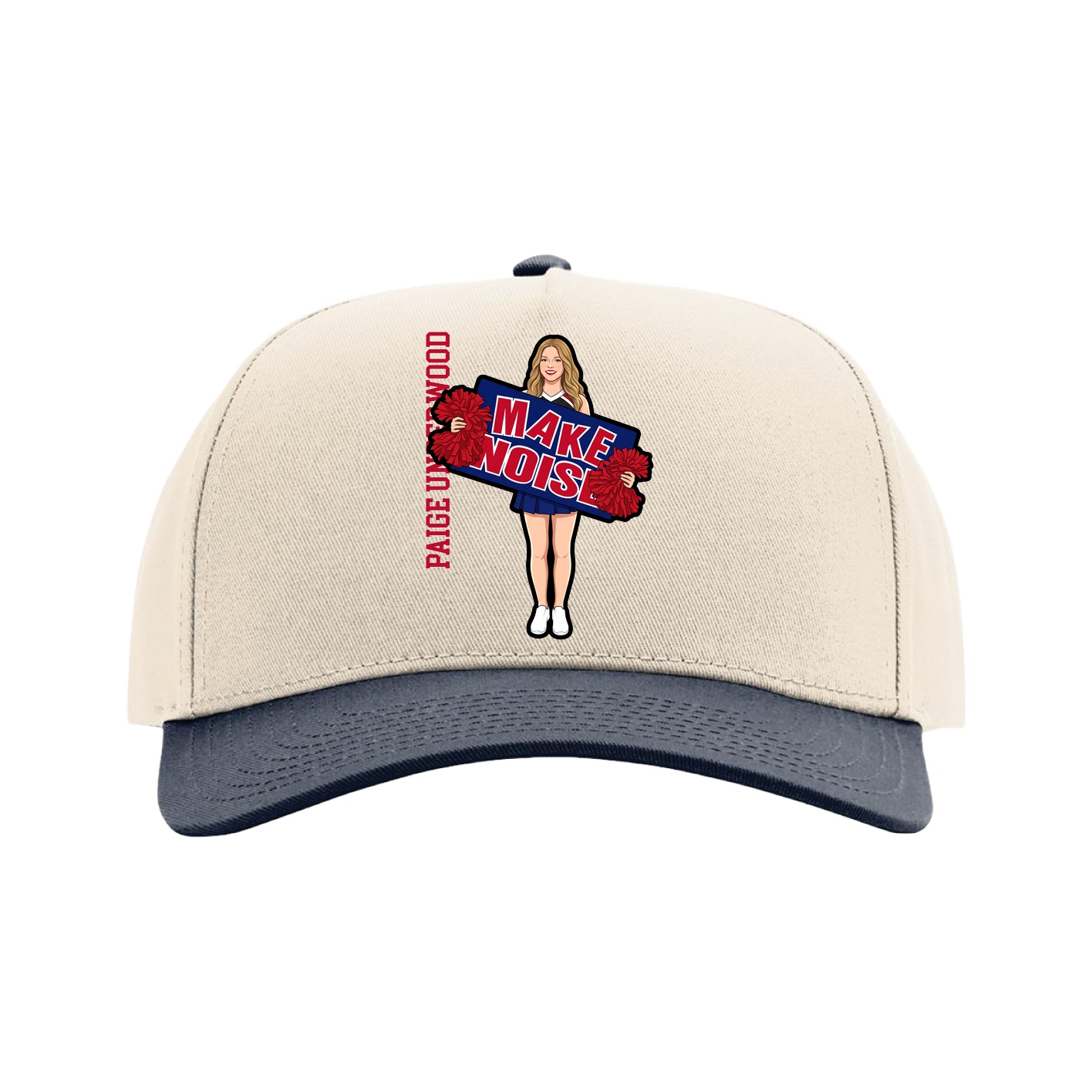 Full Fabric Five-Panel Champ Cap — Name Vertical in Cream/Navy
