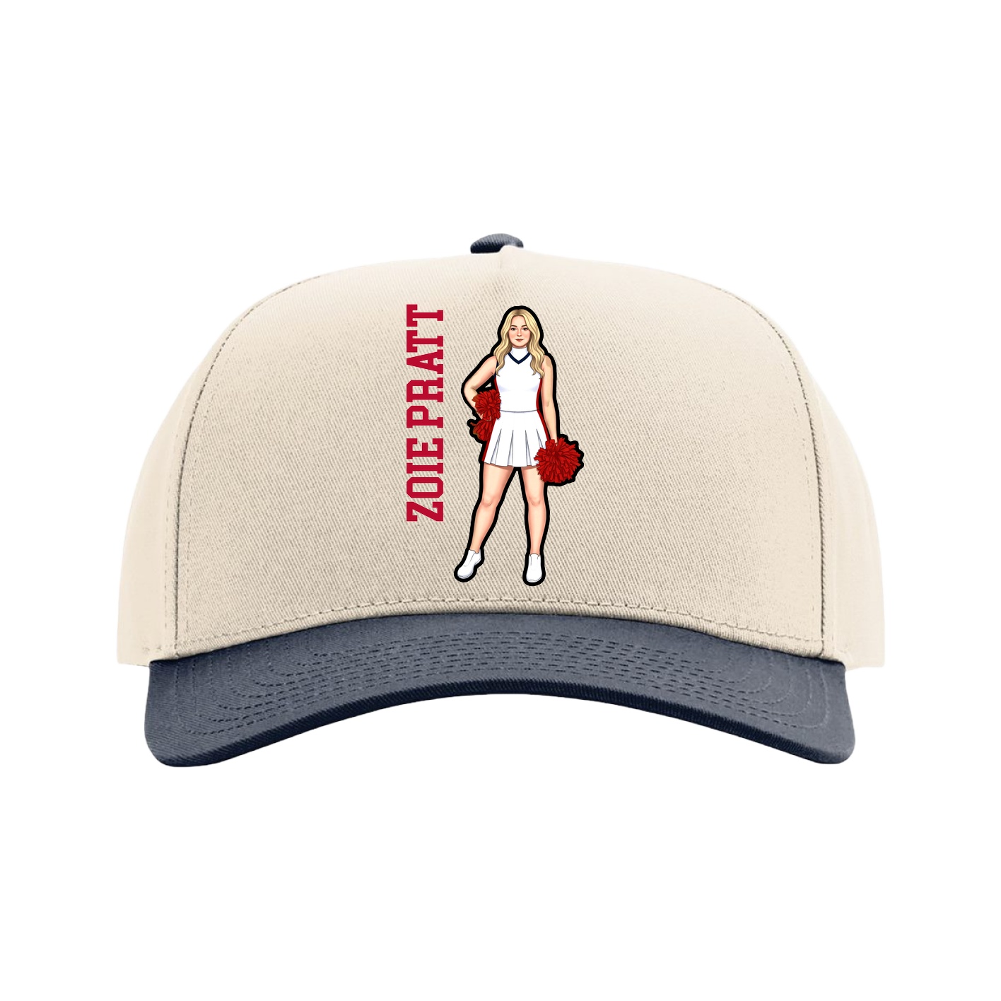 Full Fabric Five-Panel Champ Cap — Name Vertical in Cream/Navy